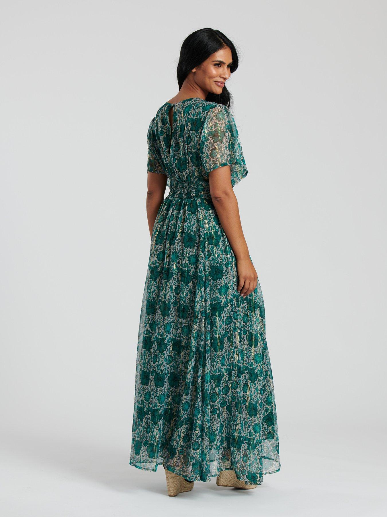 Image 2 of 3 of South Beach Metallic Chiffon Button Detail Midi Dress - Green