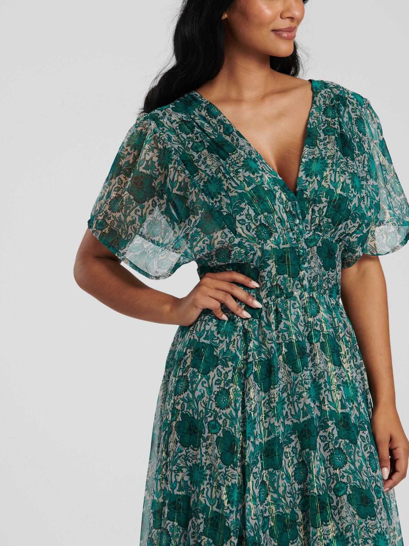 Image 3 of 3 of South Beach Metallic Chiffon Button Detail Midi Dress - Green