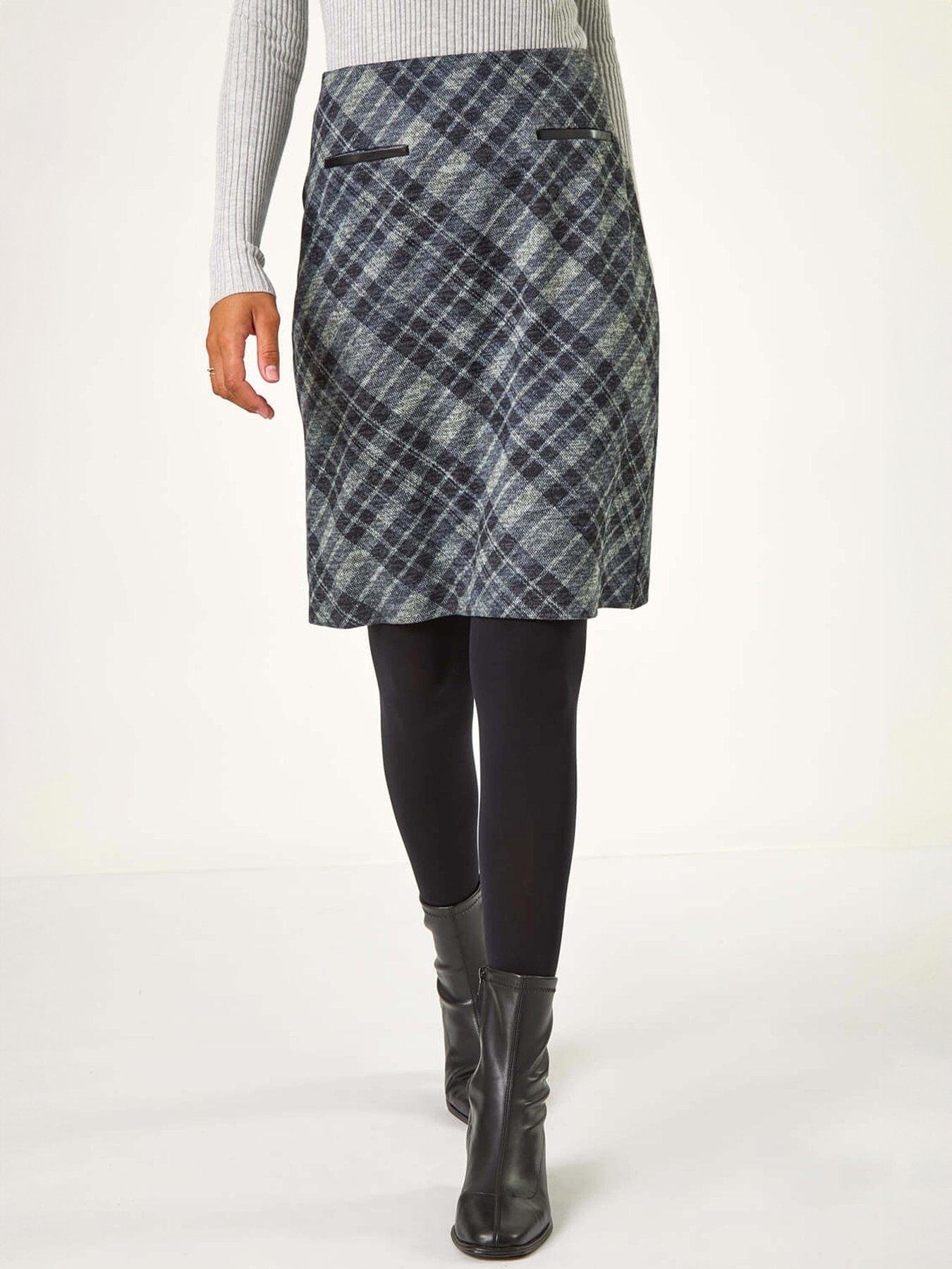 Roman Elastic Waist Check Print Pocket Pencil Skirt - Grey