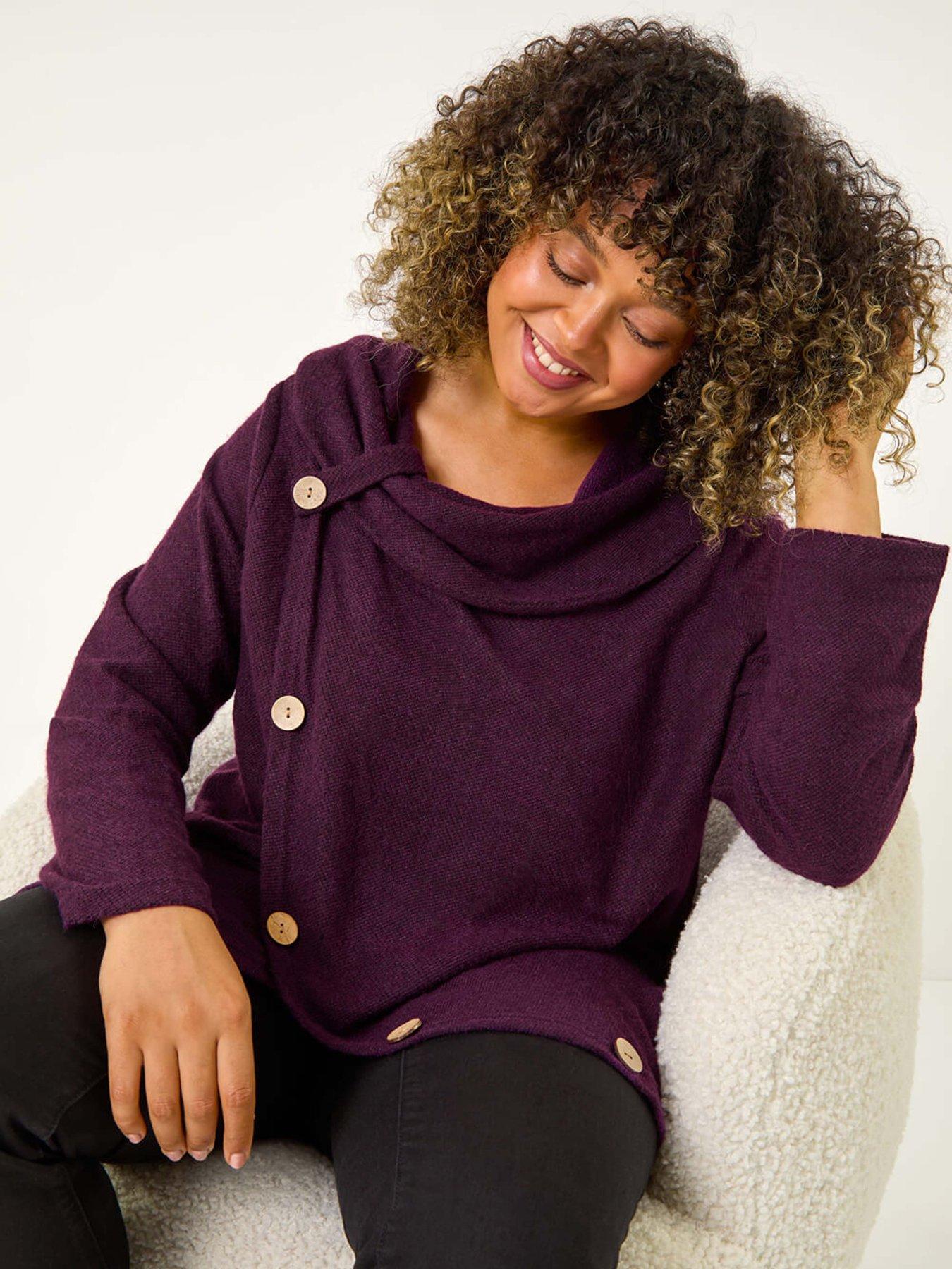 Roman Curve Cowl Neck Button Wrap Top - Purple