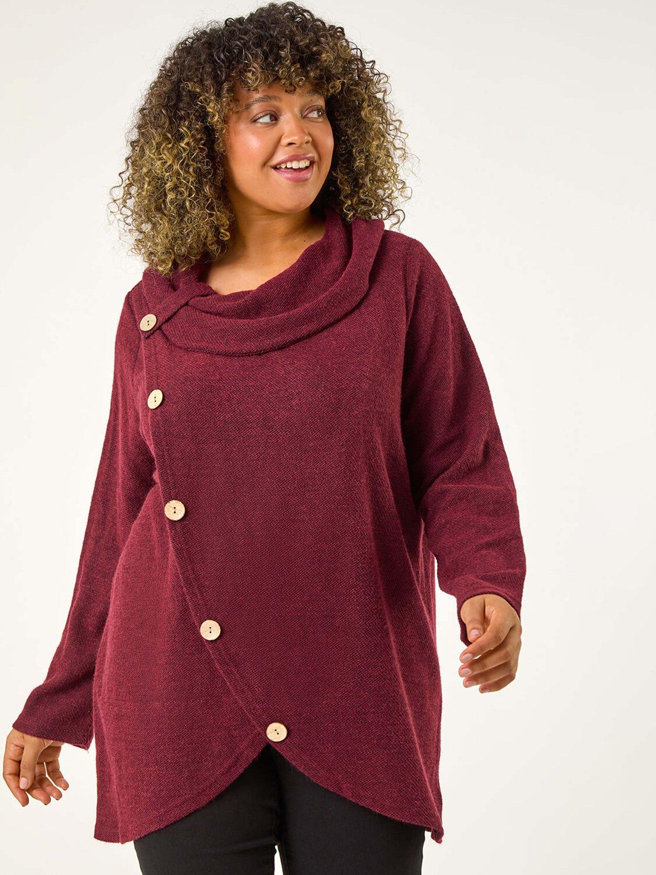 Roman Curve Cowl Neck Button Wrap Top - Red