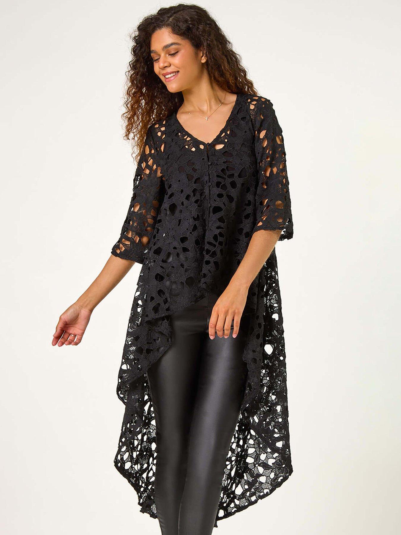 Roman Lace Detail Highlow Hem Button Blouse - Black