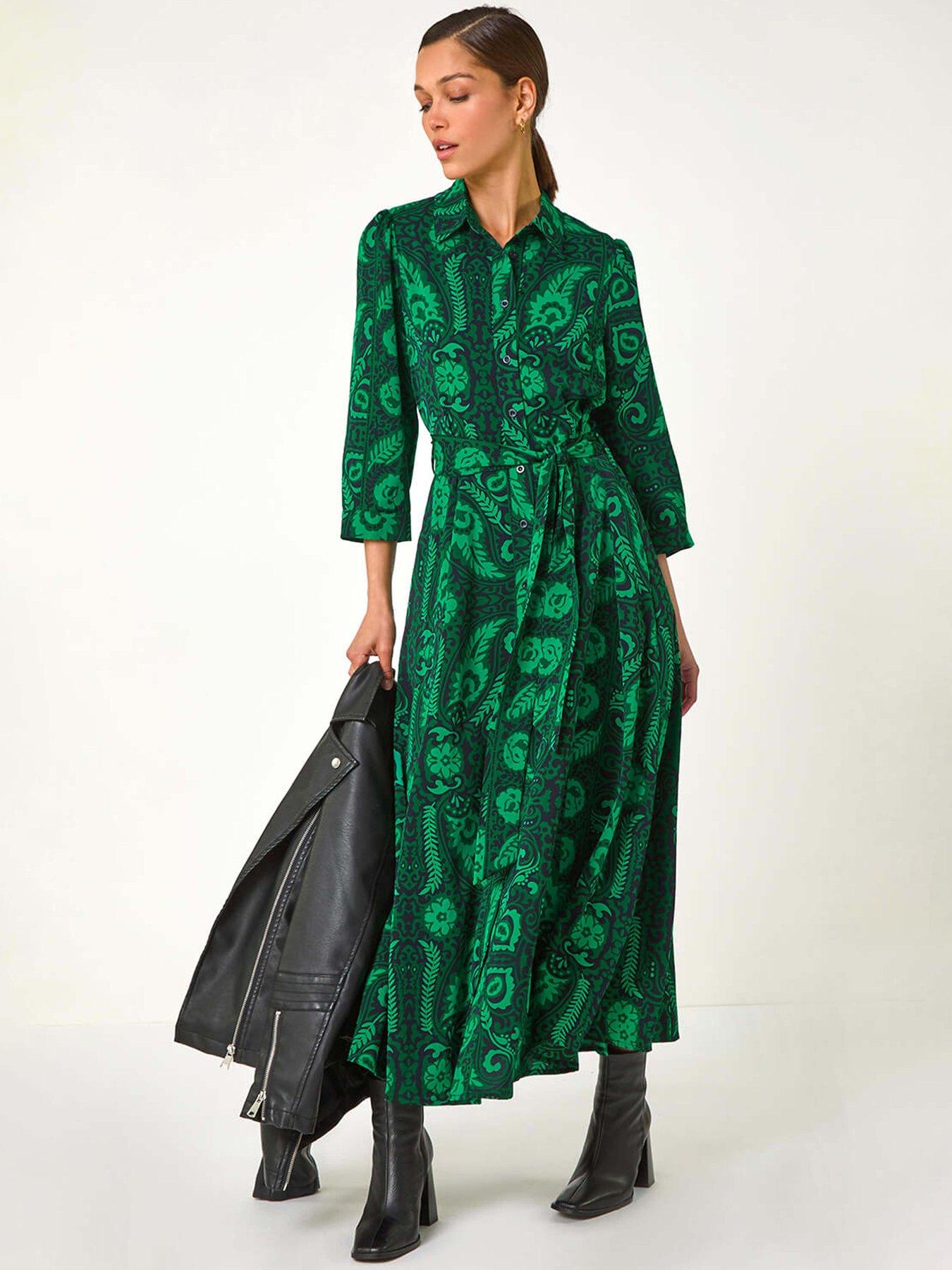Roman Floral Leaf Print Midi Shirt Dress - Green