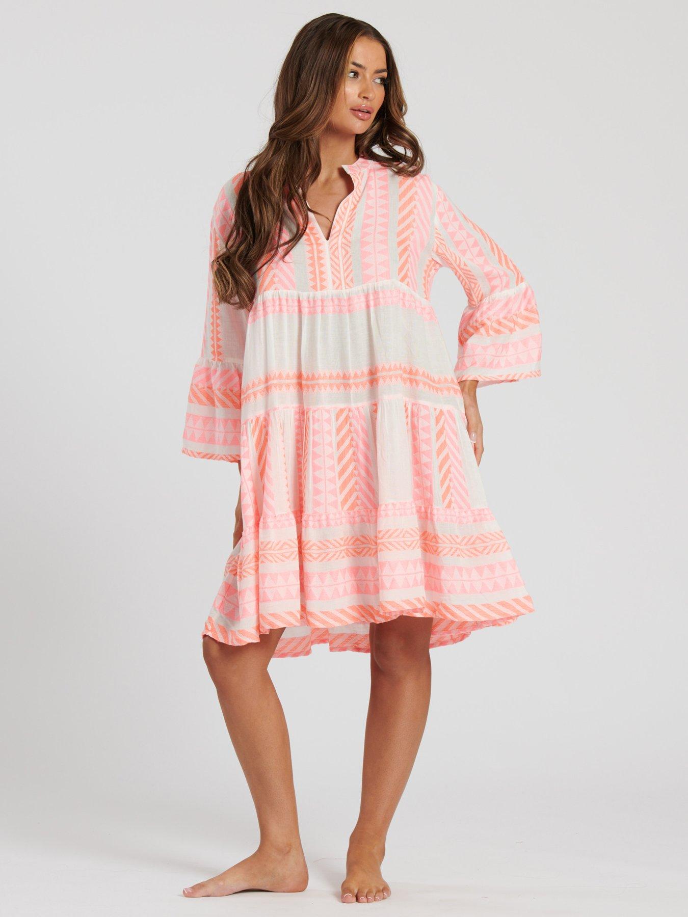 South Beach Jacquard 3/4 Sleeve Tiered Mini Dress - Orange