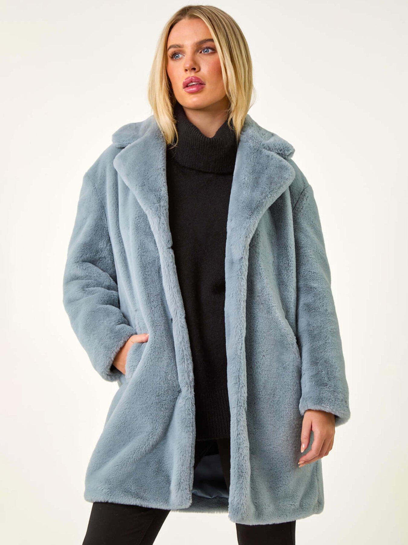 Roman Petite Longline Fur Coat - Blue