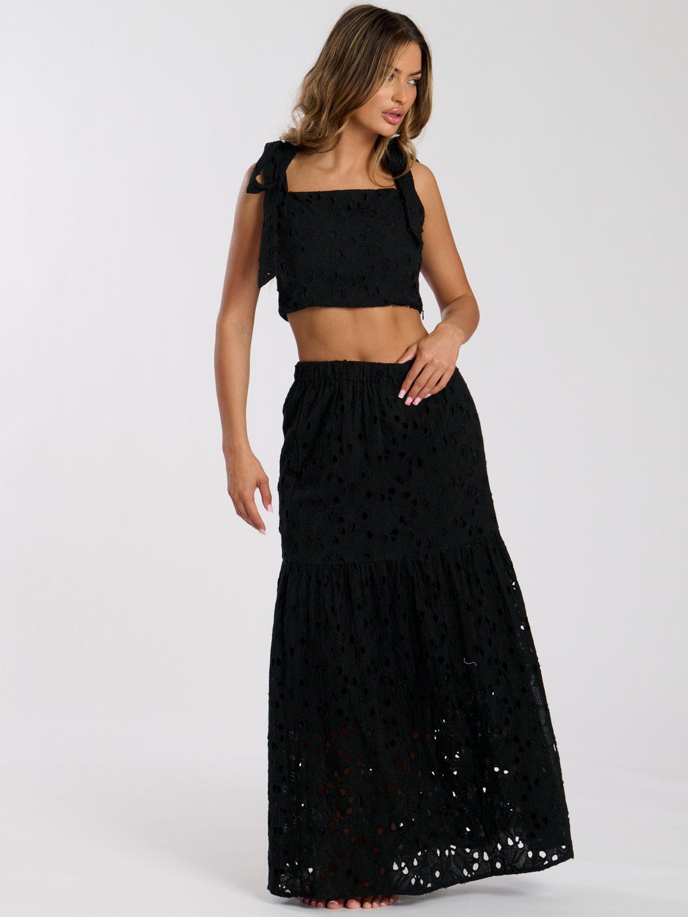 South Beach Broderie Tie Shoulder Top - Black