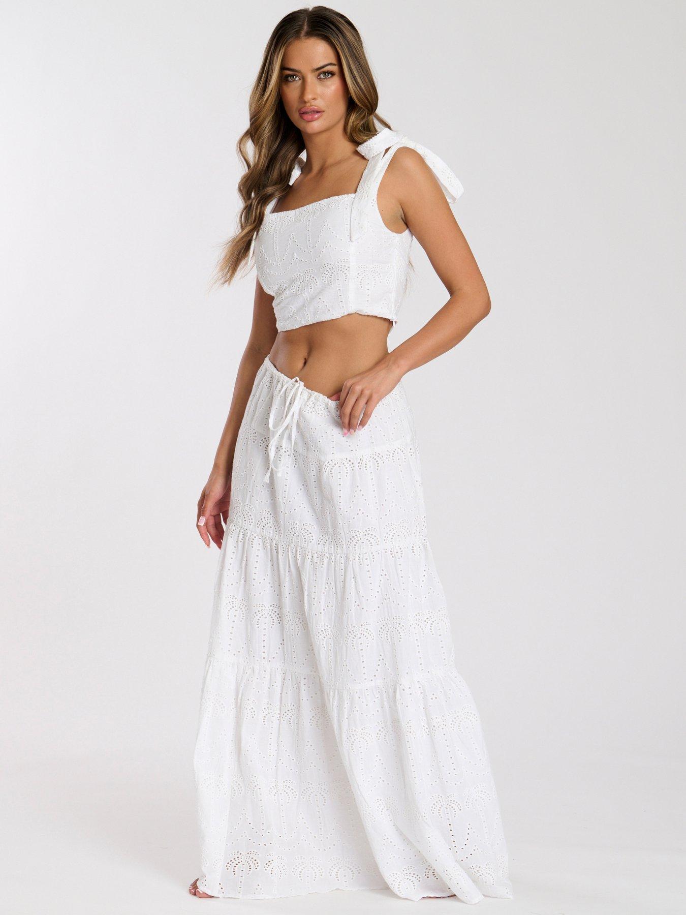 Image 1 of 6 of South Beach Broderie Tie Shoulder Top - White