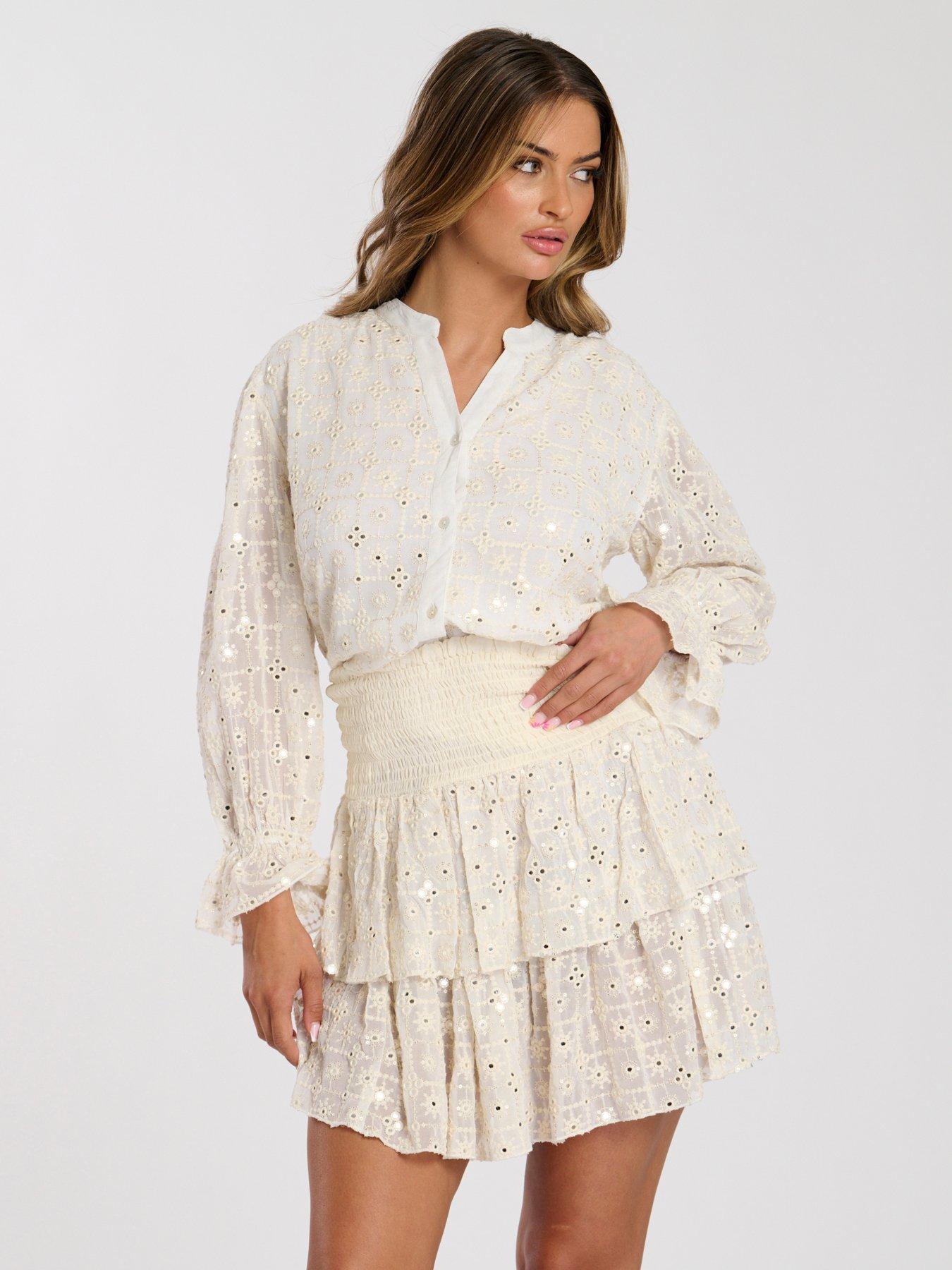 South Beach Mirror Detail Frill Mini Skirt - Cream