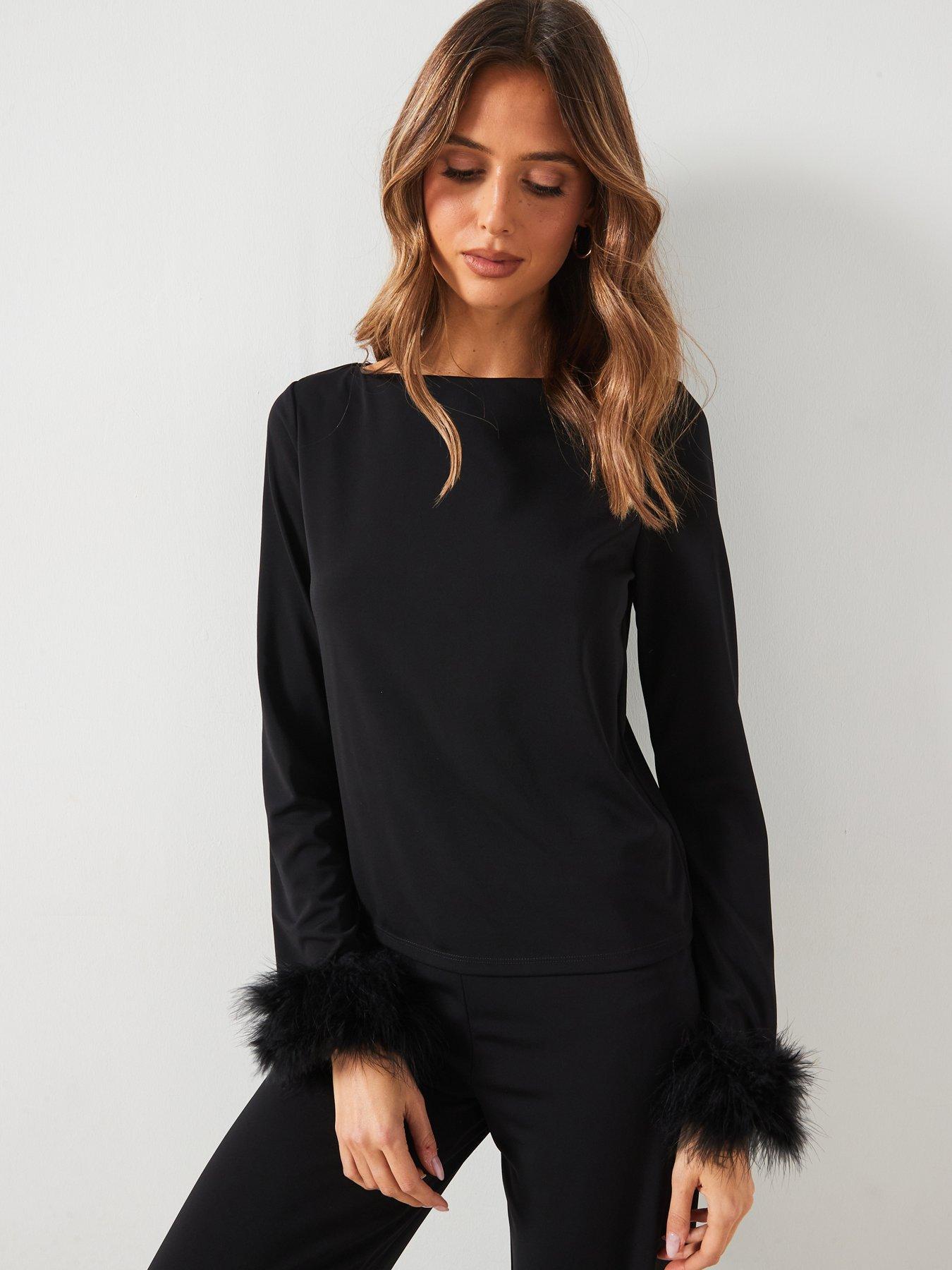 Image of Mango Feather Trim Top Co-Ord - Black