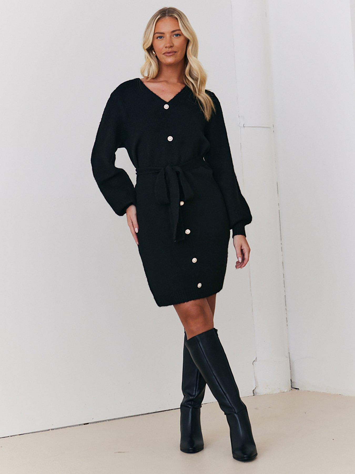 in-the-style-stacey-solomon-pearl-button-detail-knit-mini-dress-blackback