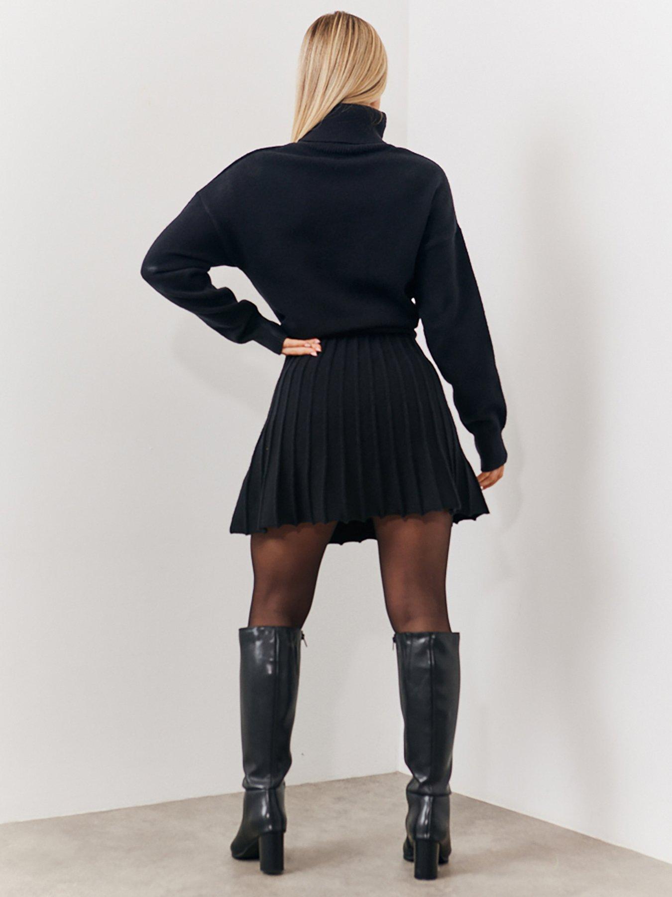 in-the-style-perrie-sian-high-neck-pleated-knit-skater-dress-blackoutfit