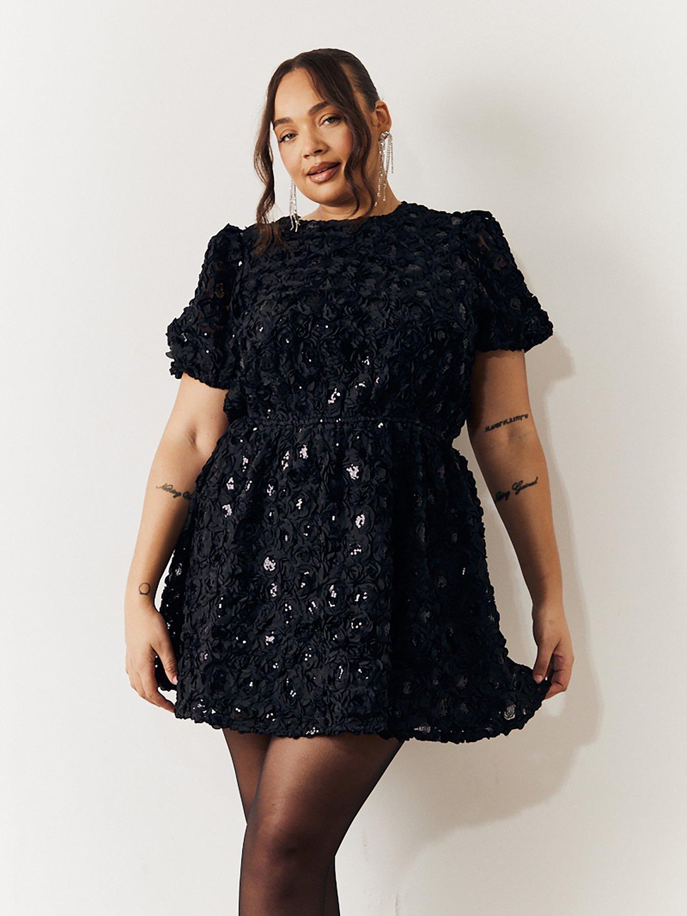 in-the-style-perrie-sian-sequin-floral-applique-fit-and-flare-mini-dress-blackstillFront