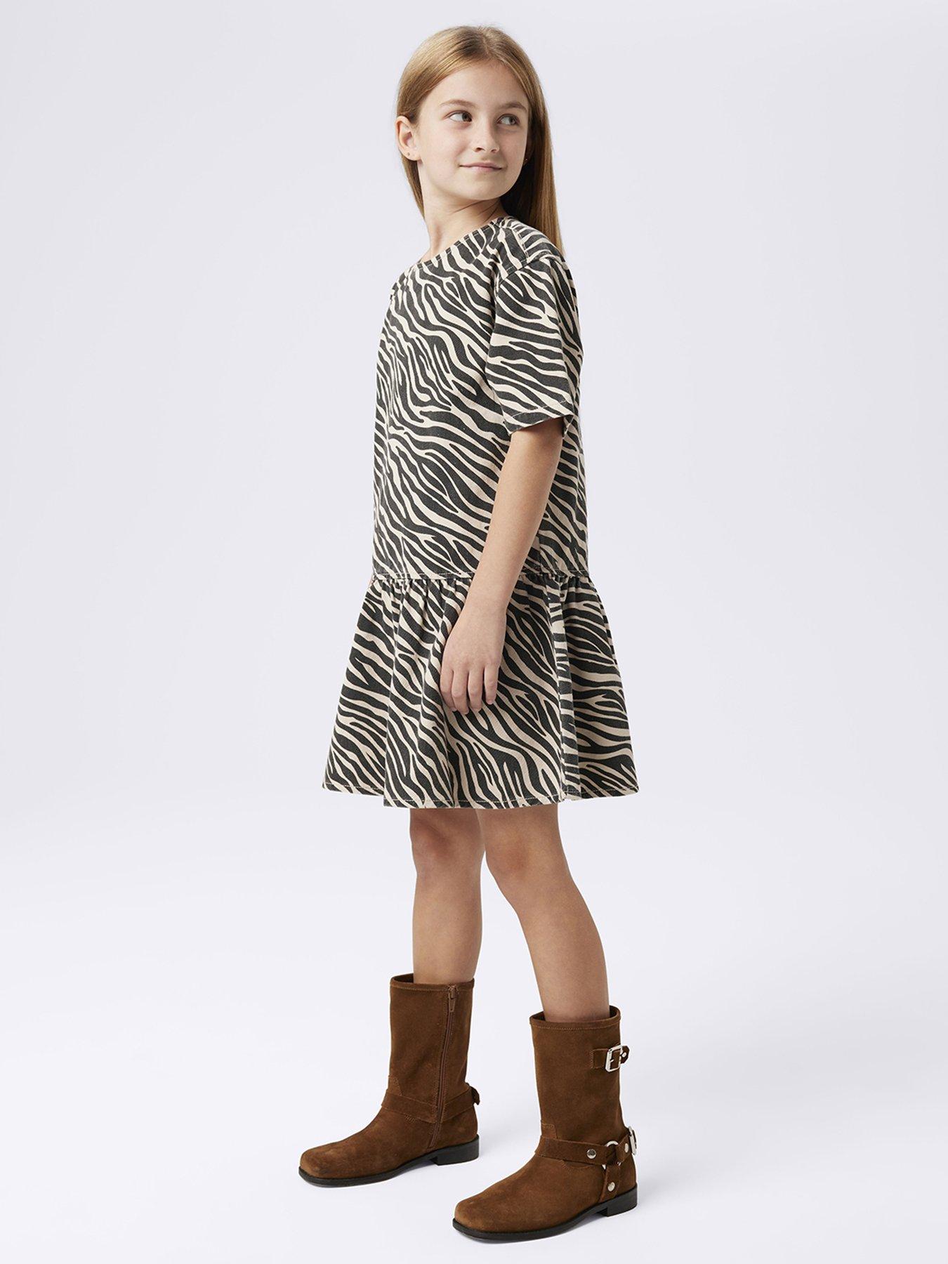 Image 1 of 4 of Name It Girls Zebra Print Drop Waist Dress - Black