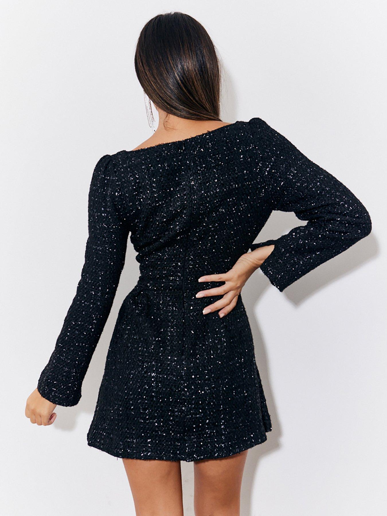 black tweed flare mini dress 2-in-1 shiny tweed dress Black / Gray For Women