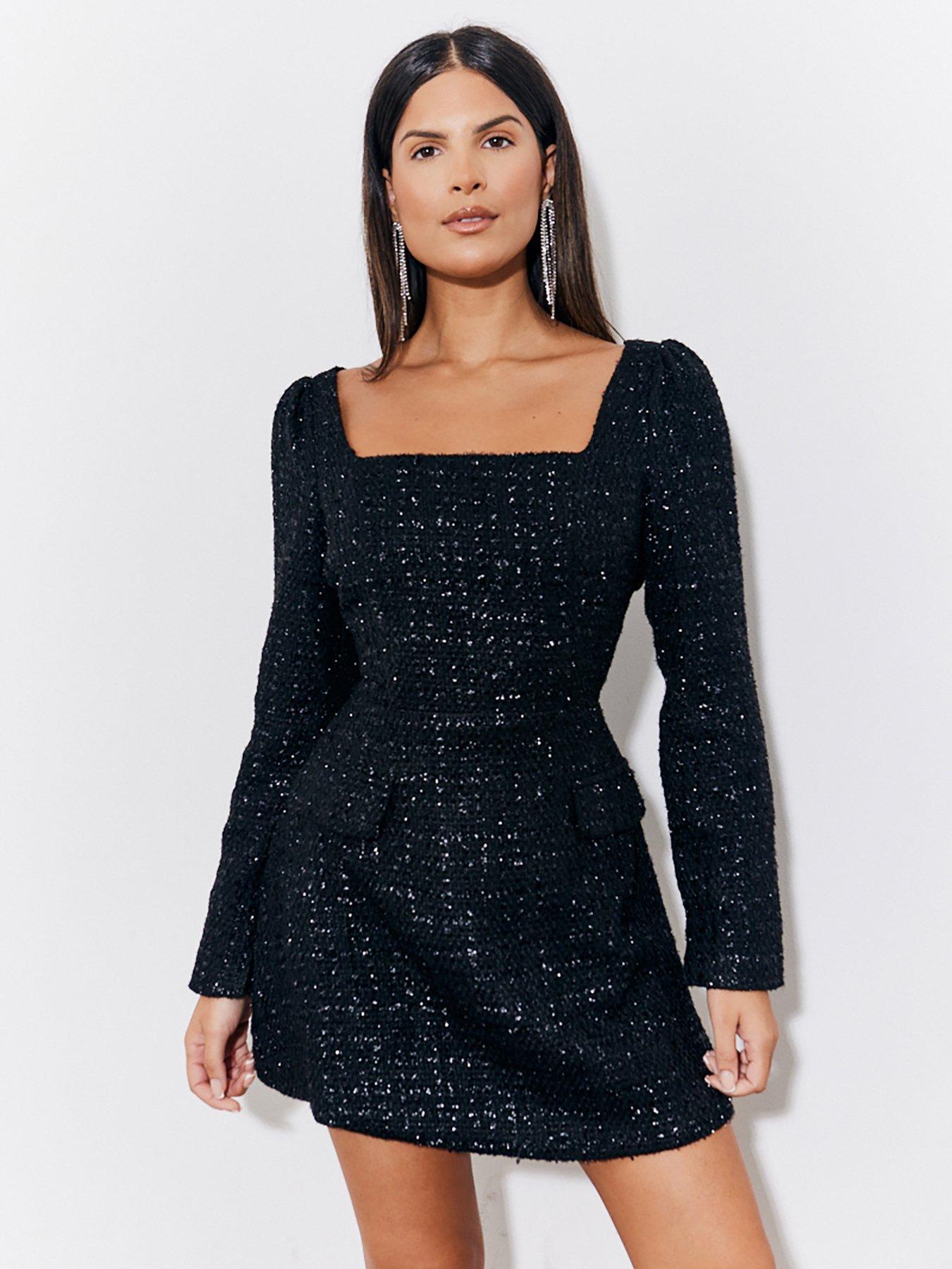 black mini dress size 14 Black Ribbed Knit Scoop Neck Long Sleeve Mini Dress