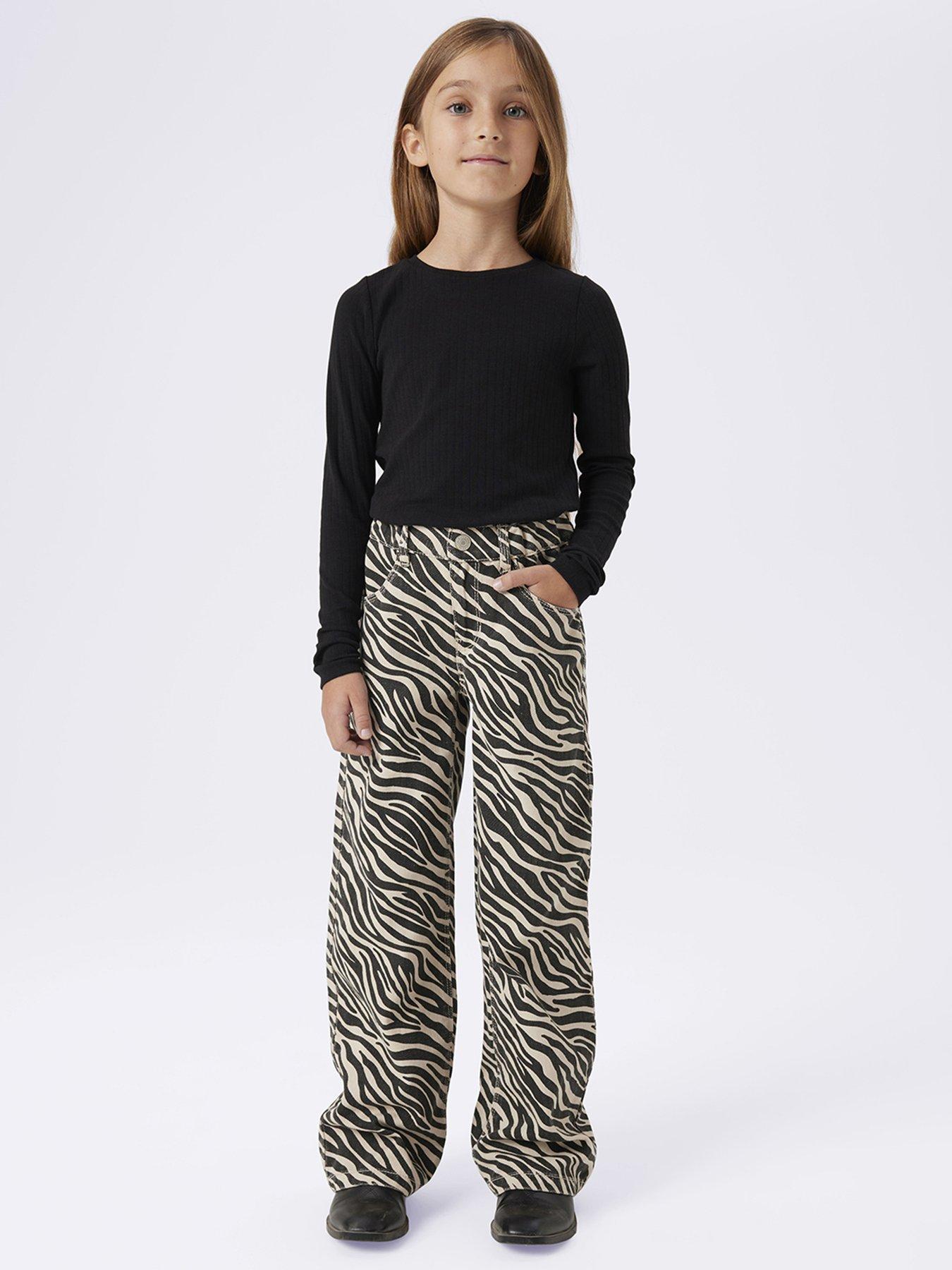 Image of Name It Girls Zebra Print Twill Wide Leg Trousers - Black