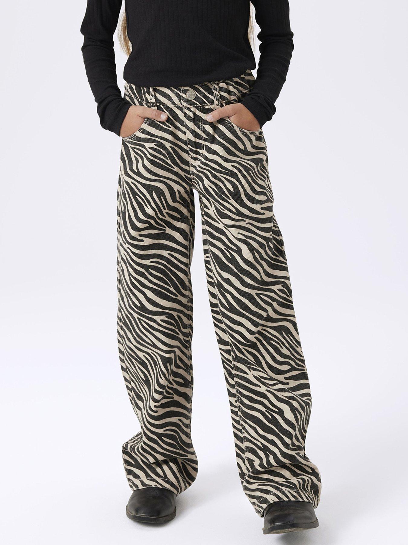 Image 3 of 4 of Name It Girls Zebra Print Twill Wide Leg Trousers - Black