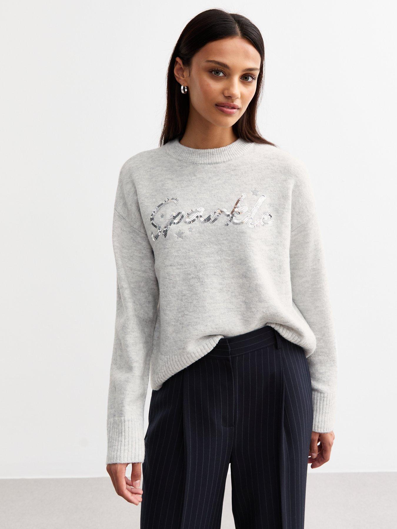 Image 1 of 5 of New Look Sparkle Slogan Christmas Jumper - Grey