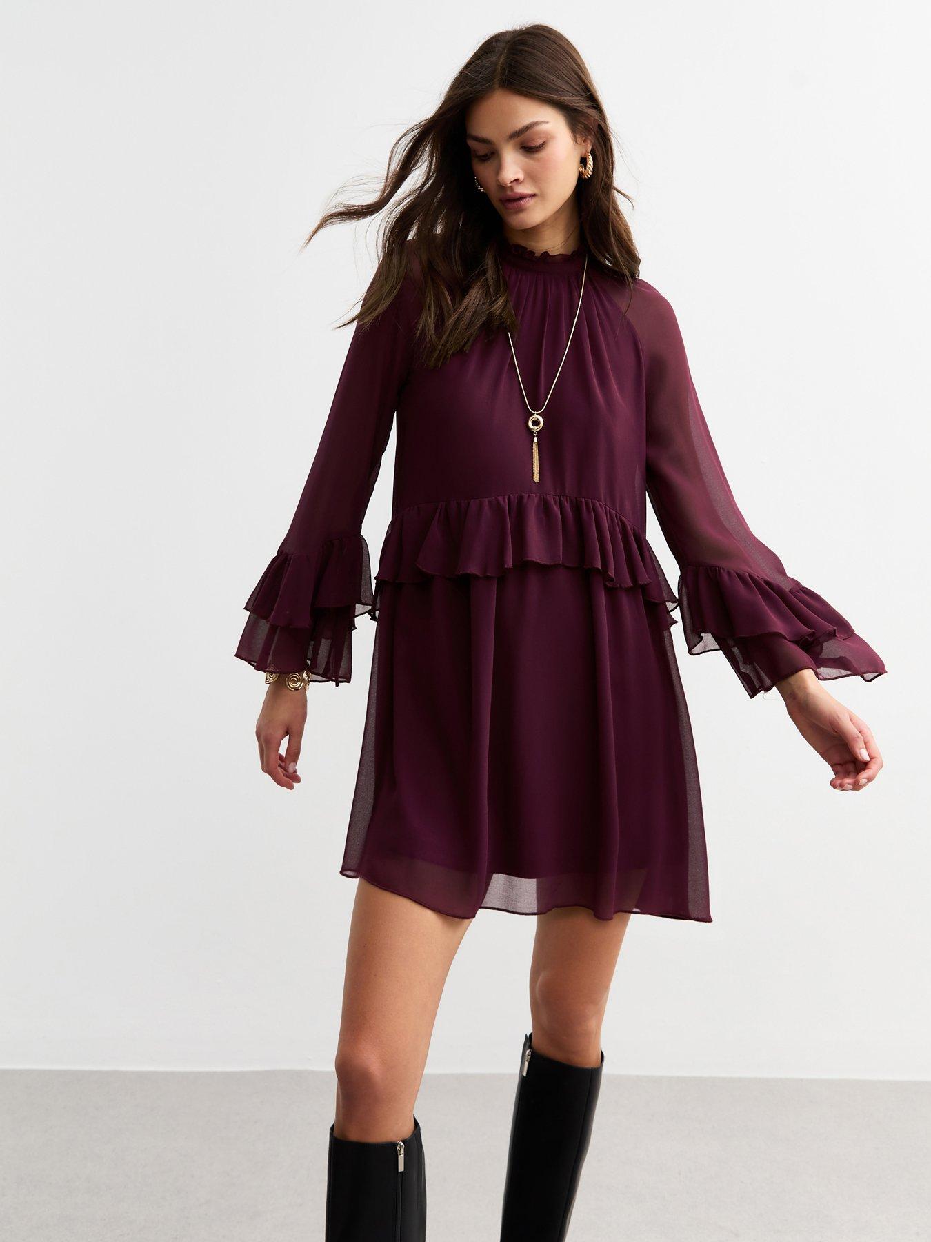 new-look-ruffle-high-neck-mini-dress-burgundy