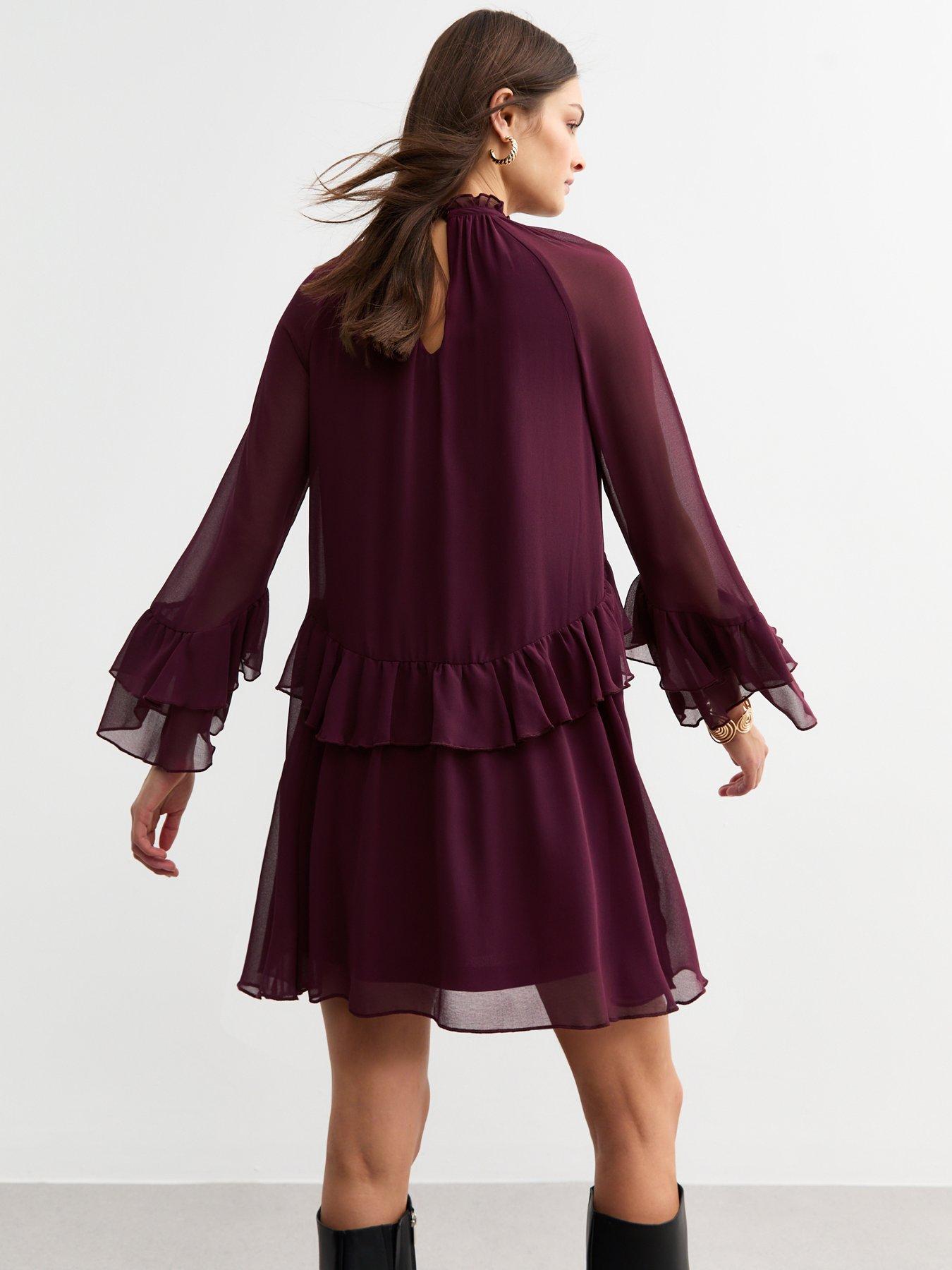 new-look-ruffle-high-neck-mini-dress-burgundystillFront