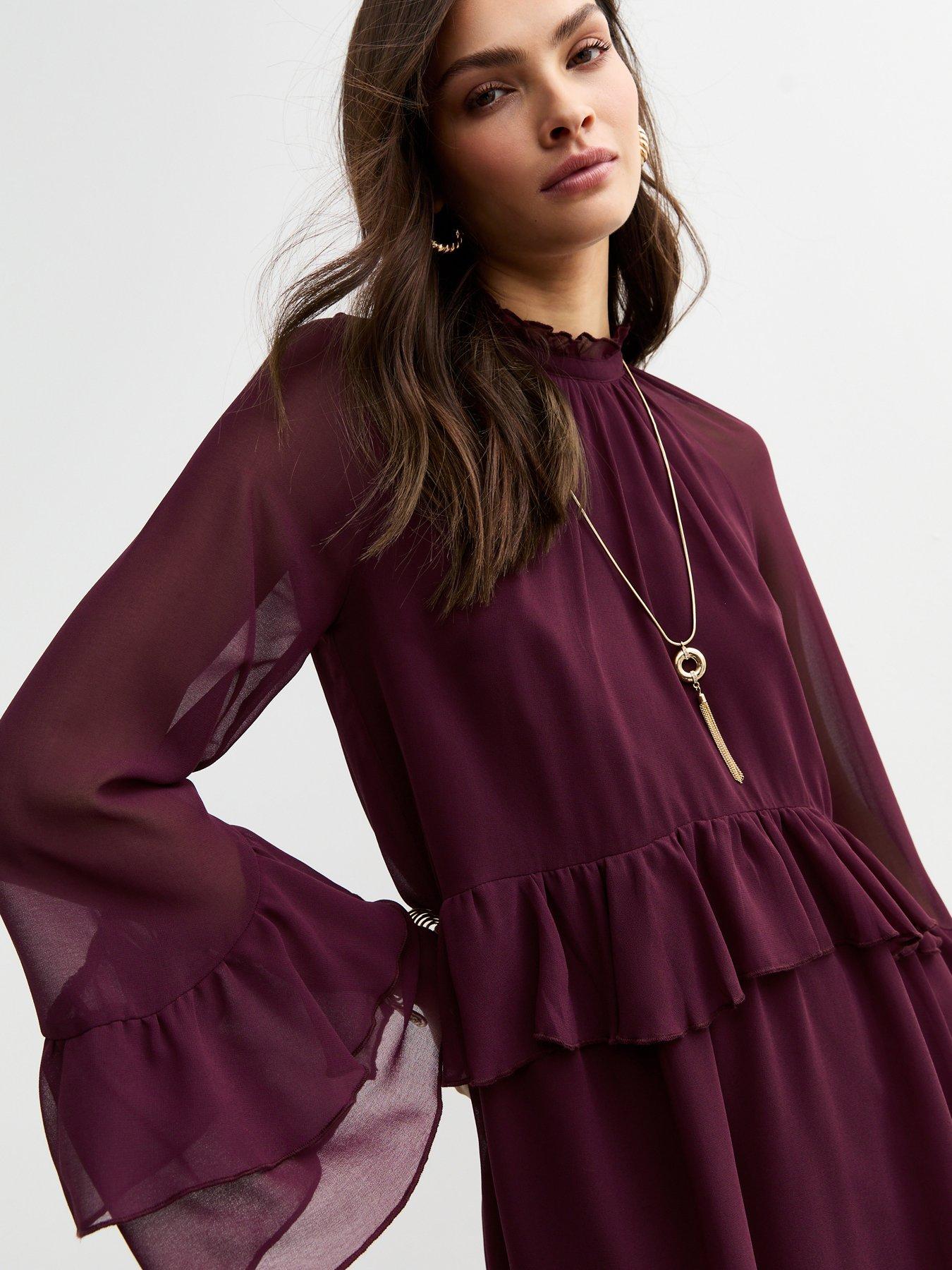 new-look-ruffle-high-neck-mini-dress-burgundyoutfit