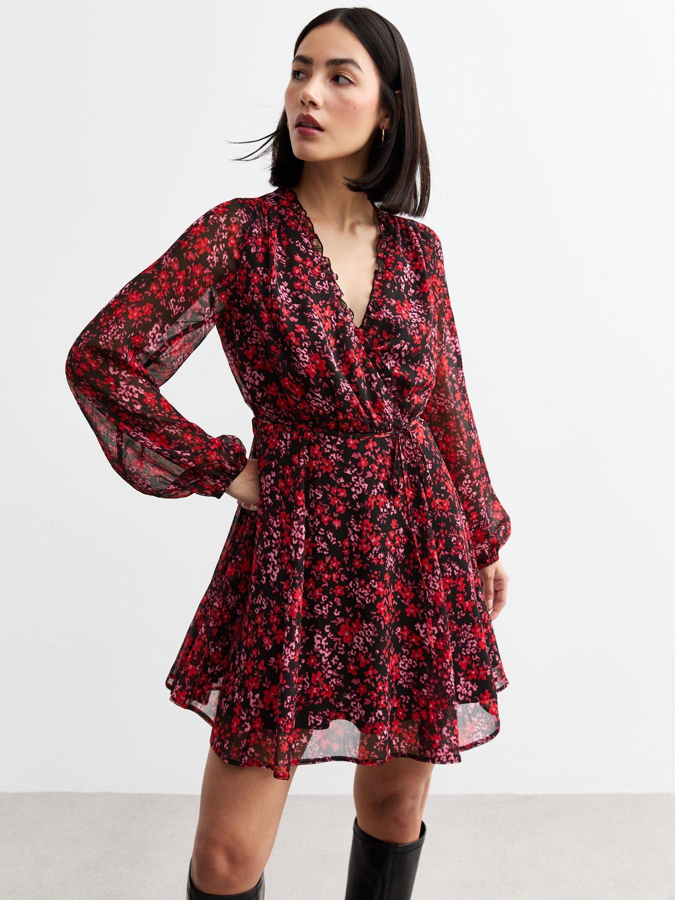 new-look-floral-print-chiffon-mini-wrap-dress-red