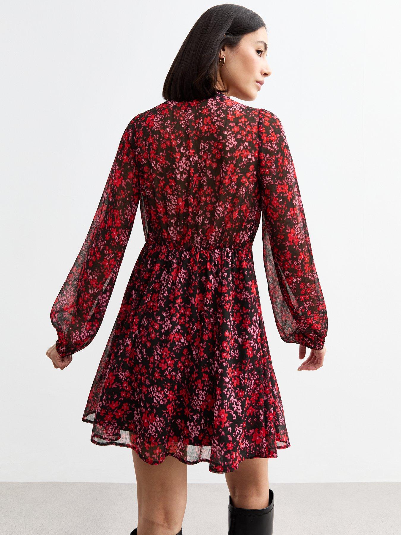 new-look-red-floral-print-chiffon-mini-wrap-dressstillFront