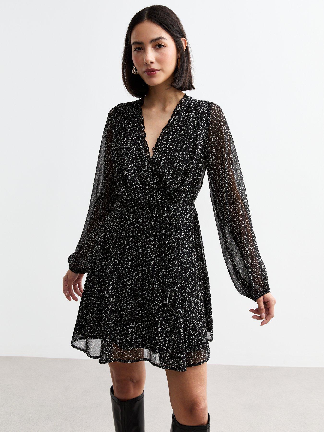 new-look-black-floral-print-chiffon-mini-wrap-dress