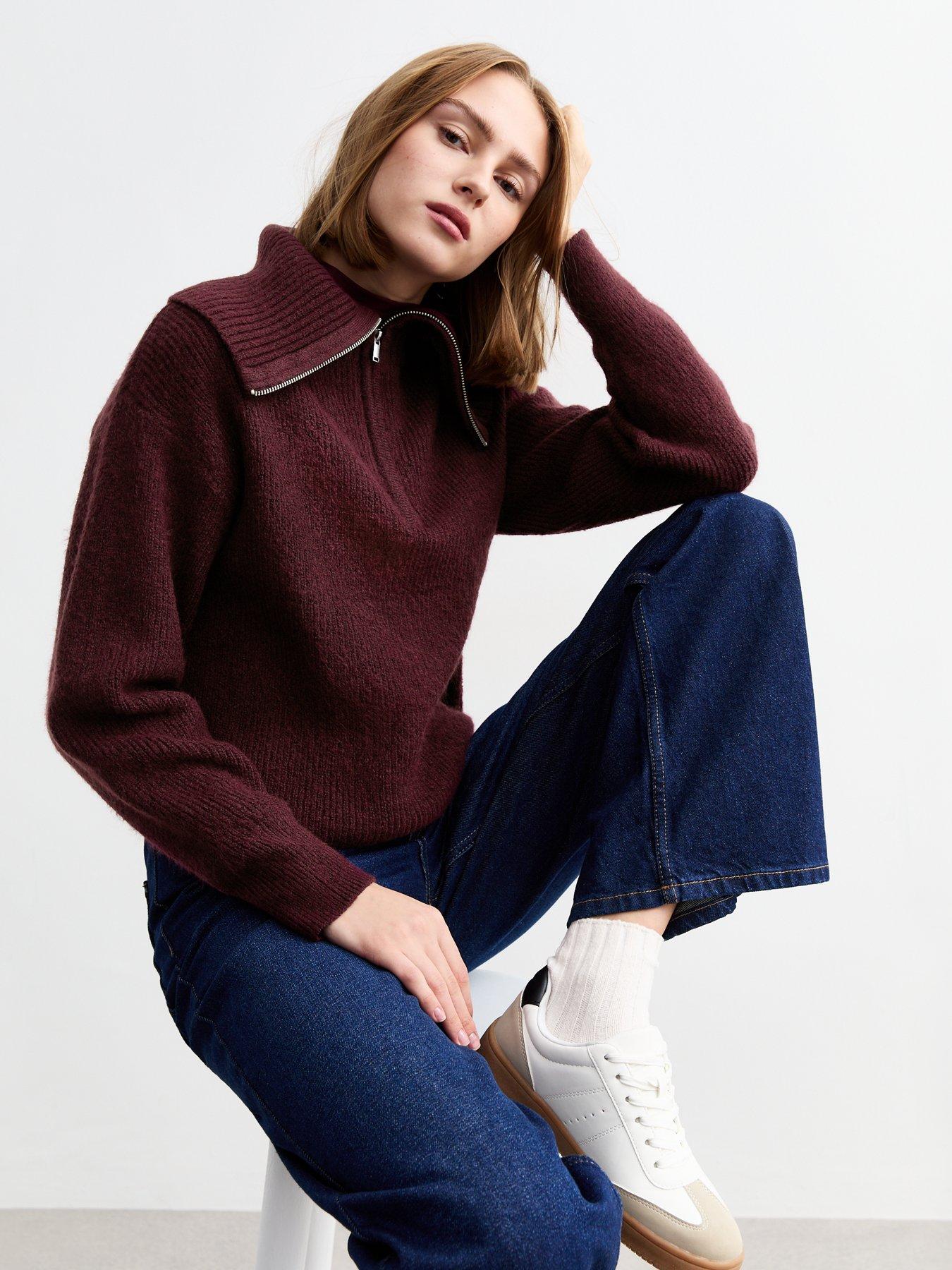 new-look-burgundy-ribbed-knit-half-zip-jumper