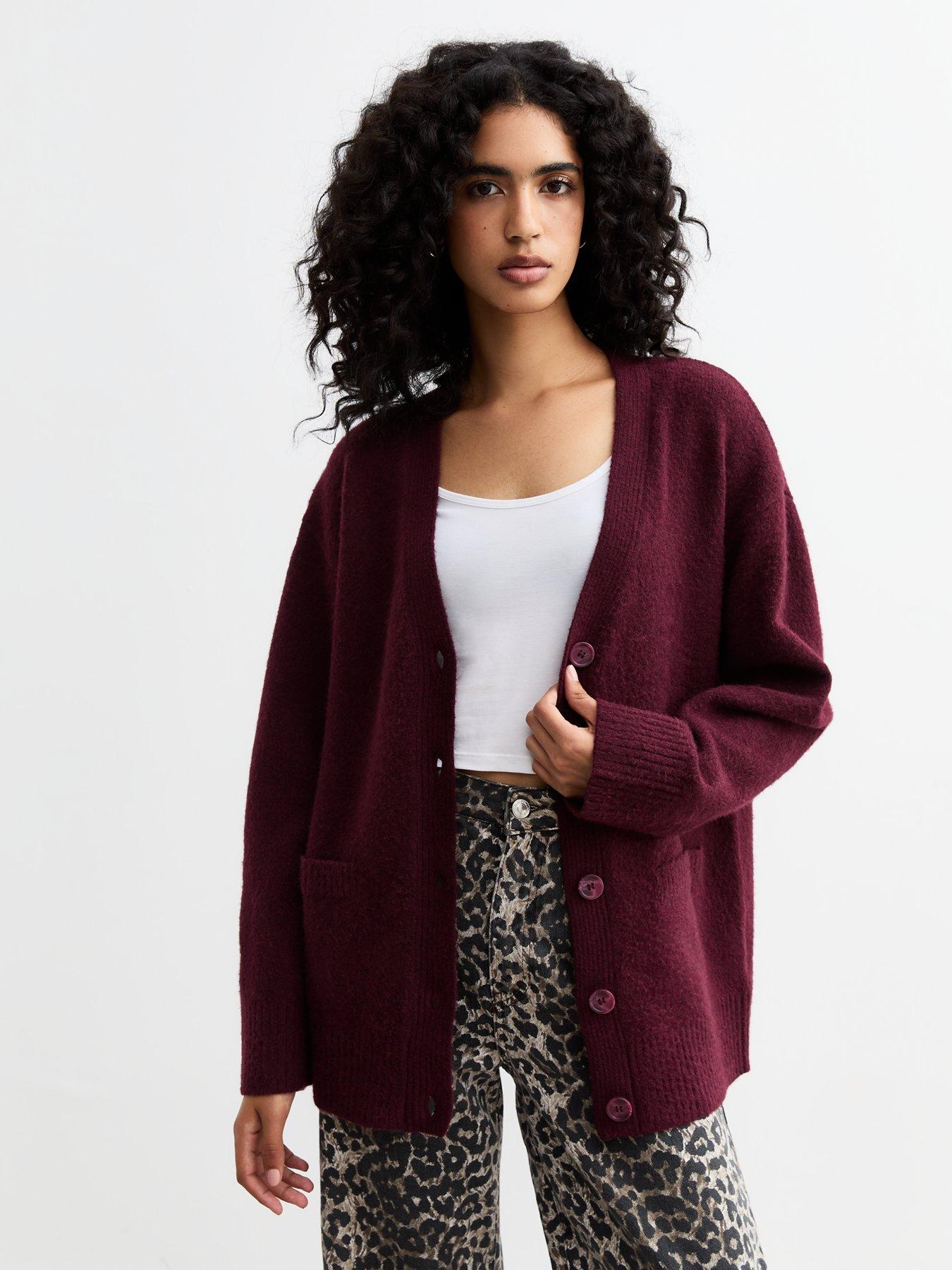 new-look-burgundy-knit-button-up-cardigan