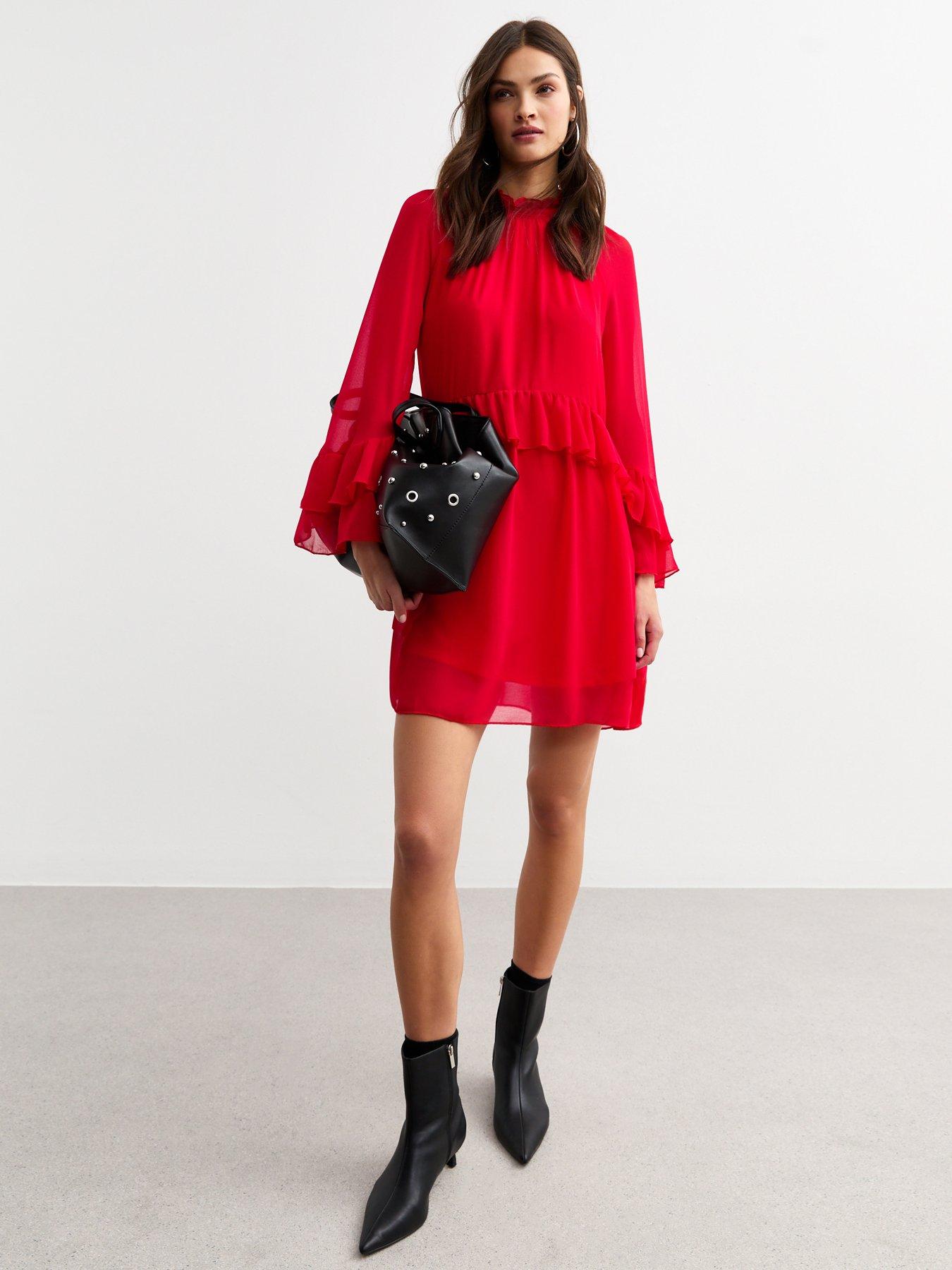 new-look-ruffle-high-neck-mini-dress-red