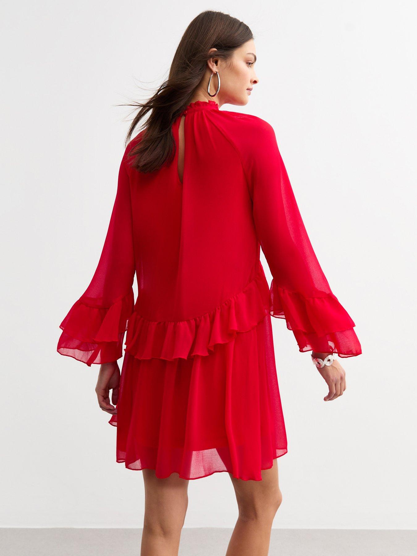 new-look-ruffle-high-neck-mini-dress-redstillFront