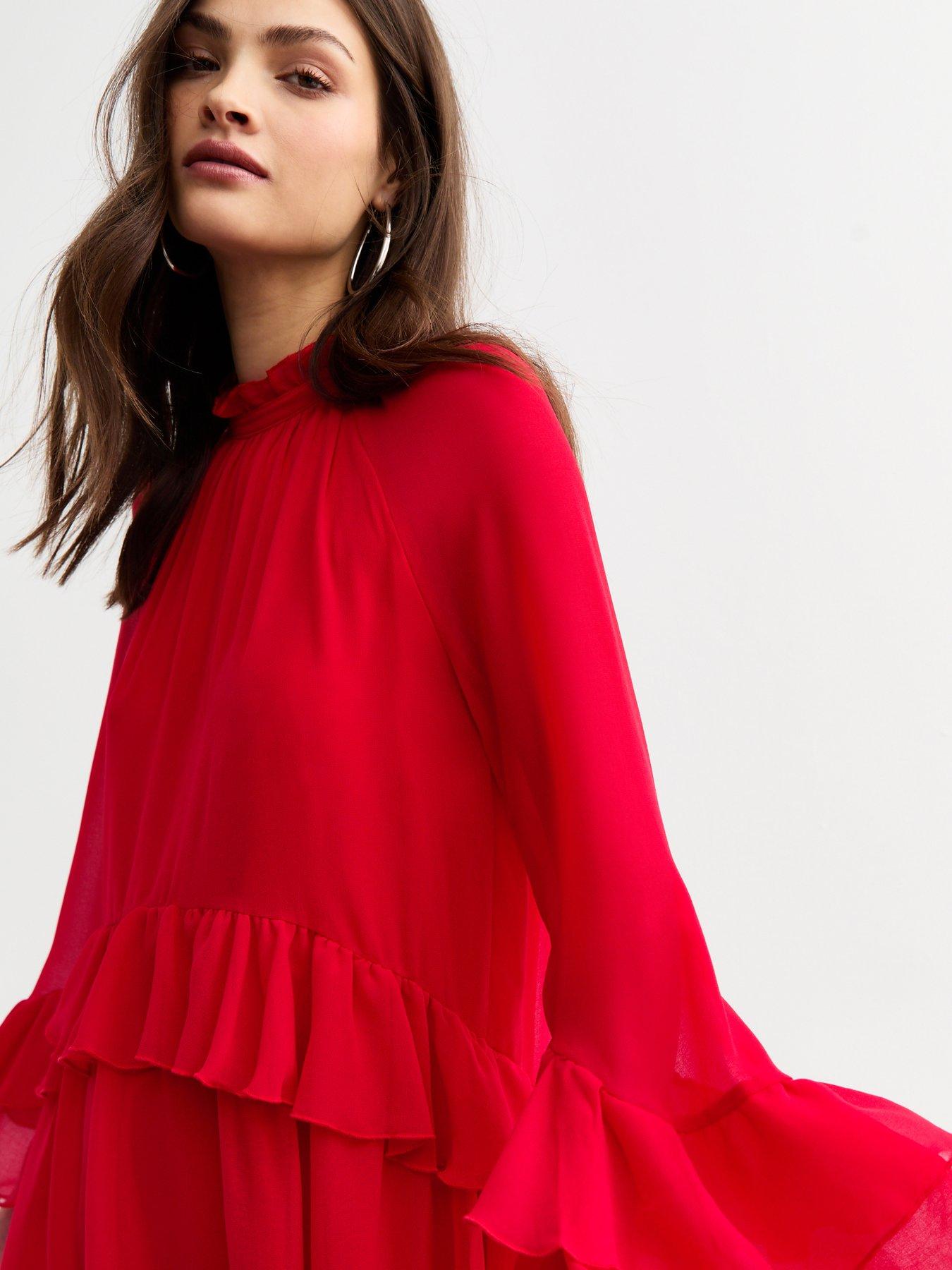 new-look-ruffle-high-neck-mini-dress-redoutfit