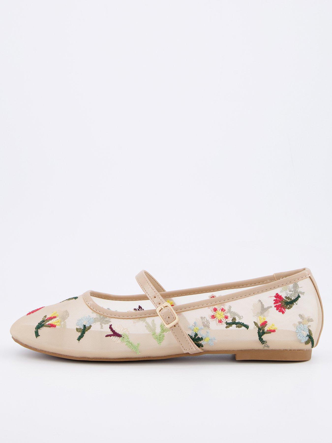 Image of V by Very Mesh Ballet Flat with Floral Embroidery - Cream