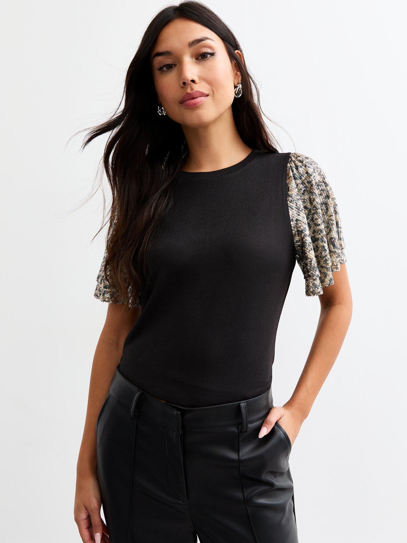 new-look-black-sequin-leopard-print-sleeve-top