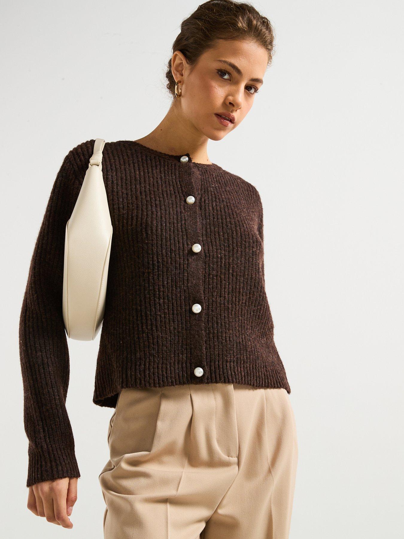 pieces-long-sleeve-pearl-knitted-cardigan-brown