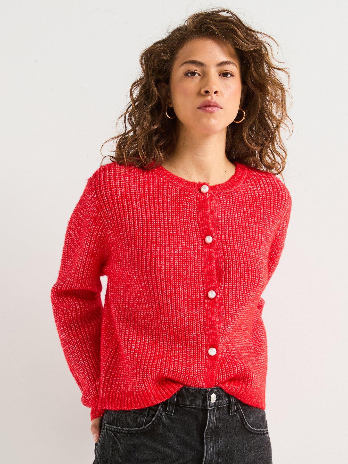 pieces-long-sleeve-pearl-knitted-cardigan-red