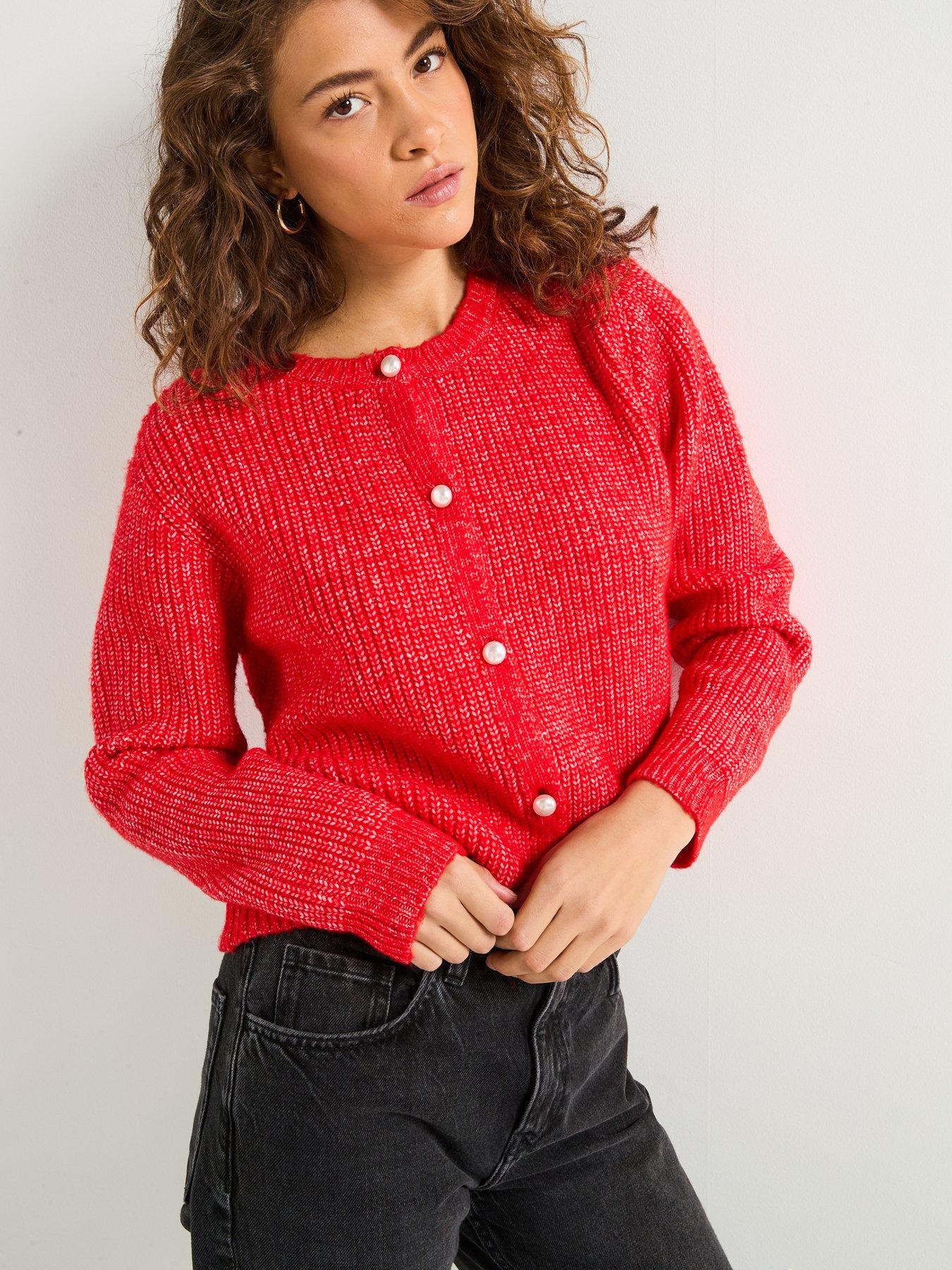 pieces-long-sleeve-pearl-knitted-cardigan-reddetail