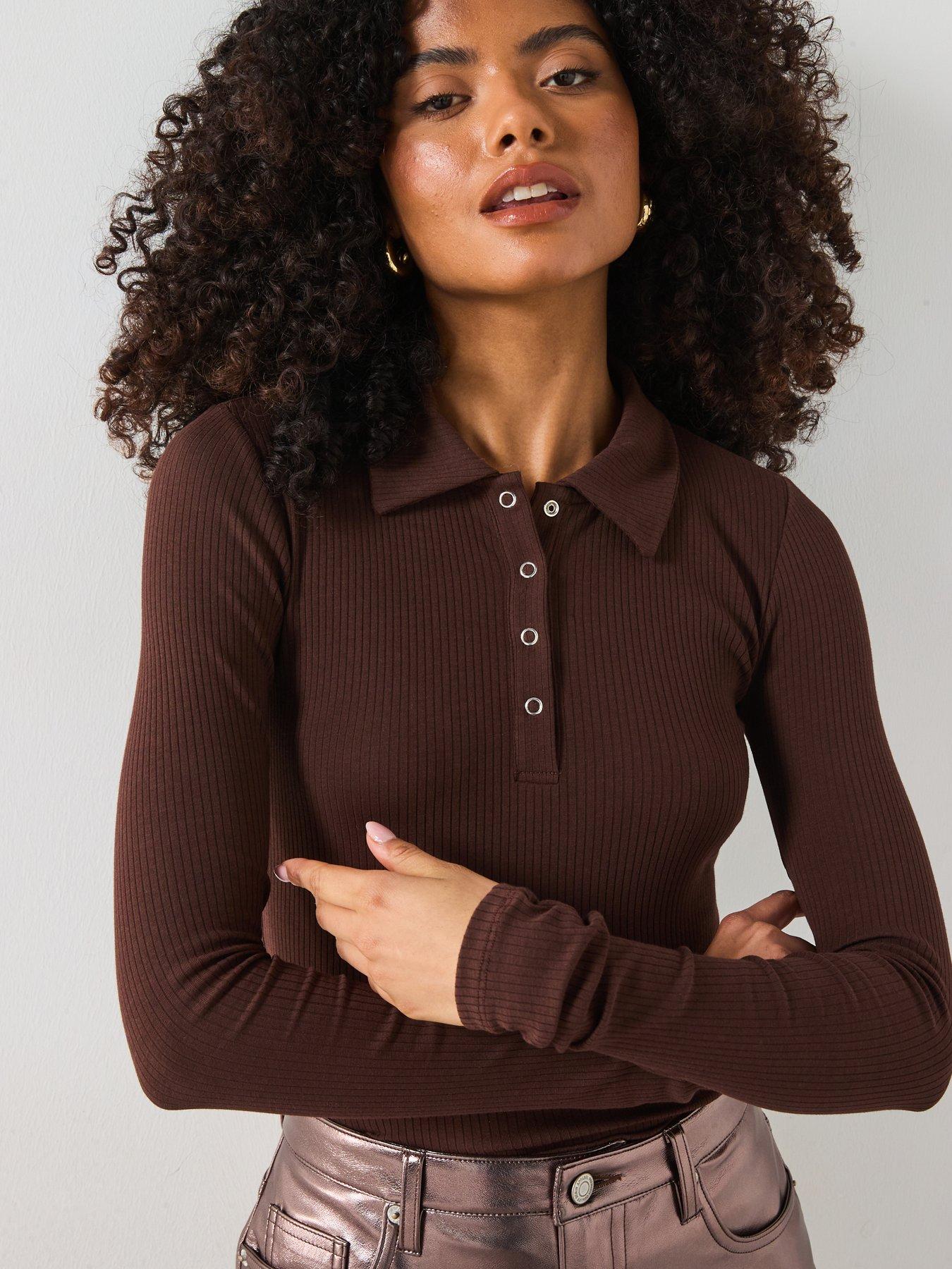 pieces-kitte-long-sleeve-polo-top-brownoutfit