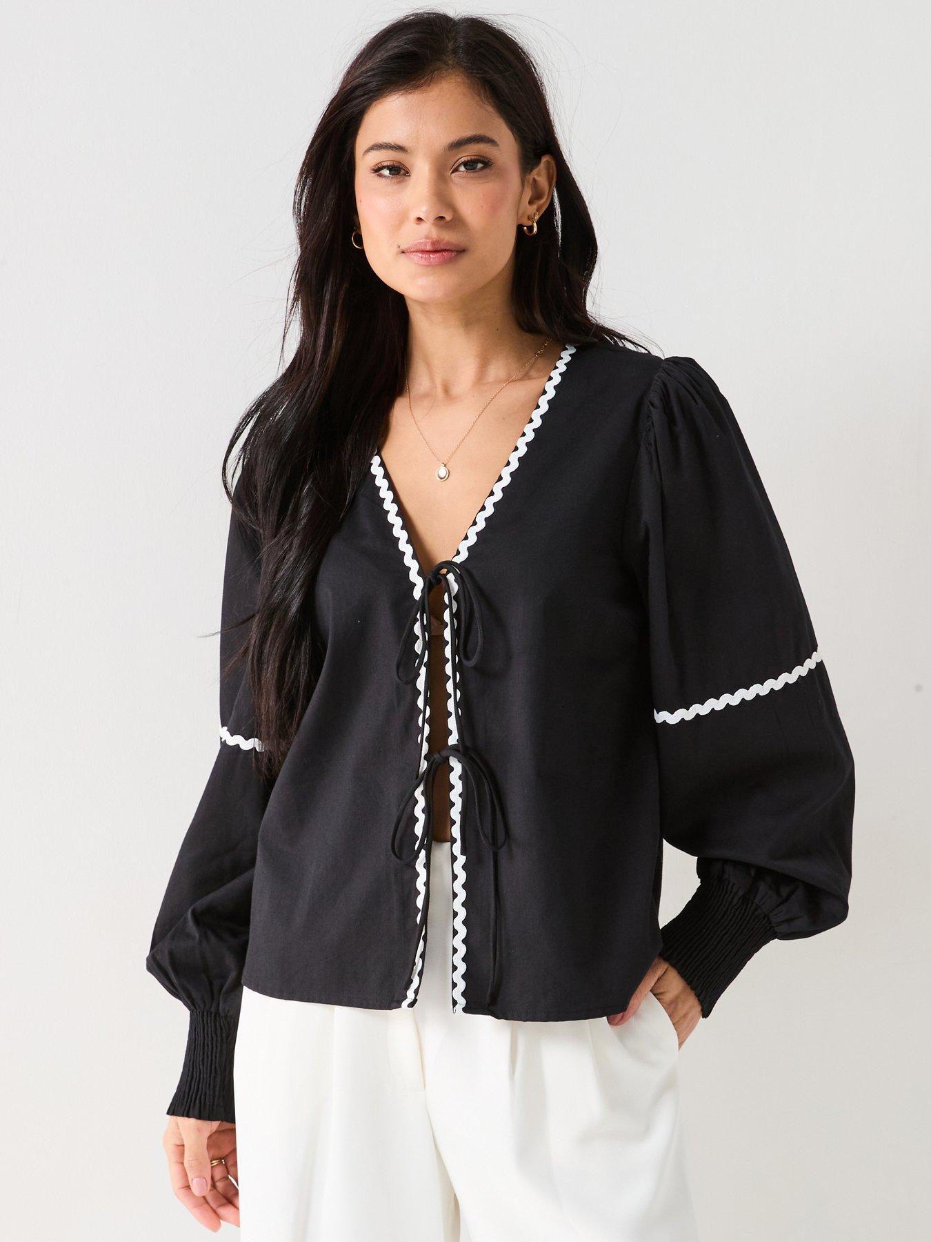 Image of PIECES Nervia Long Sleeve Tie Front Prairie Blouse - Black/White