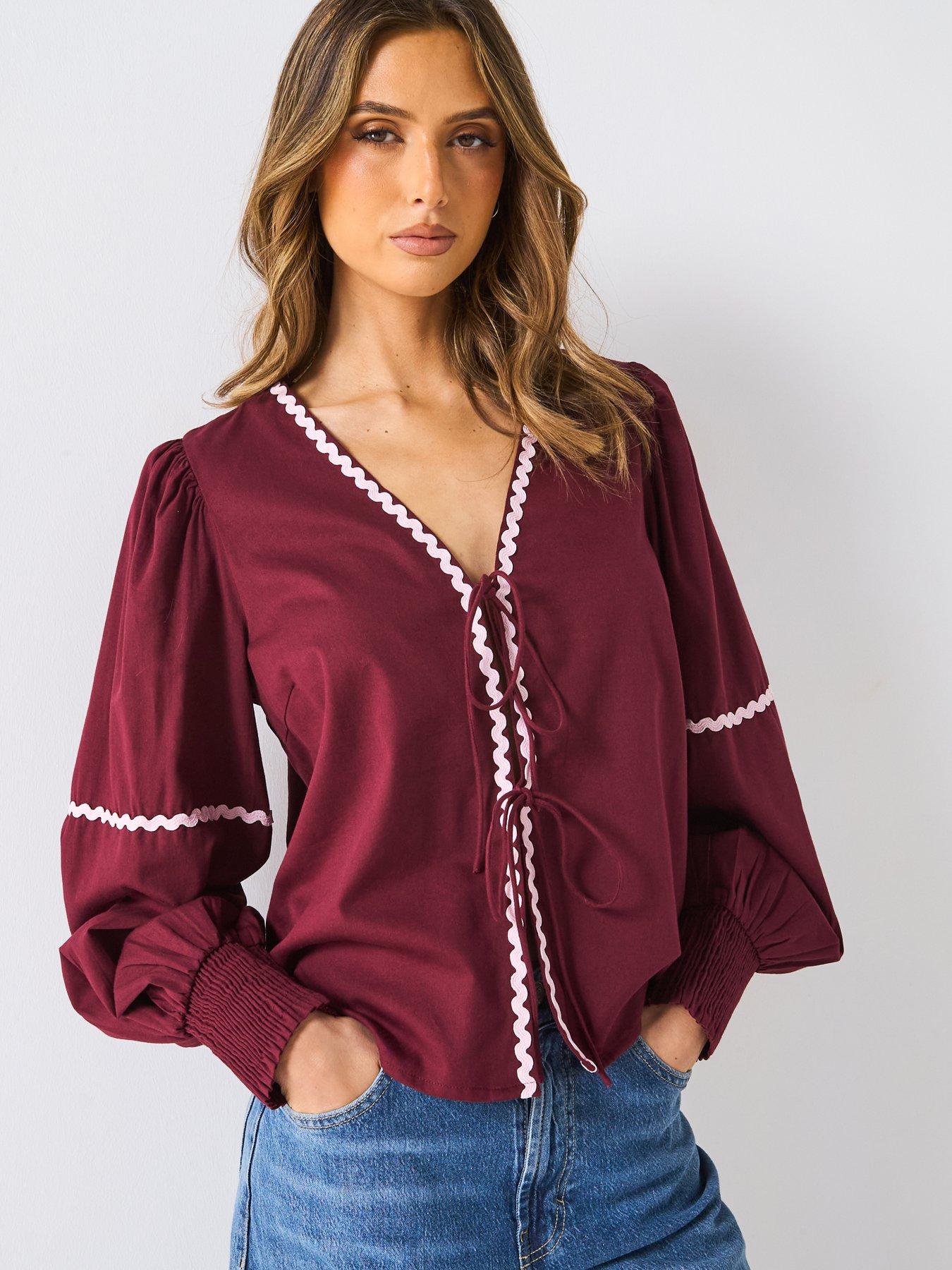 pieces-nervia-long-sleeve-tie-top-burgundy