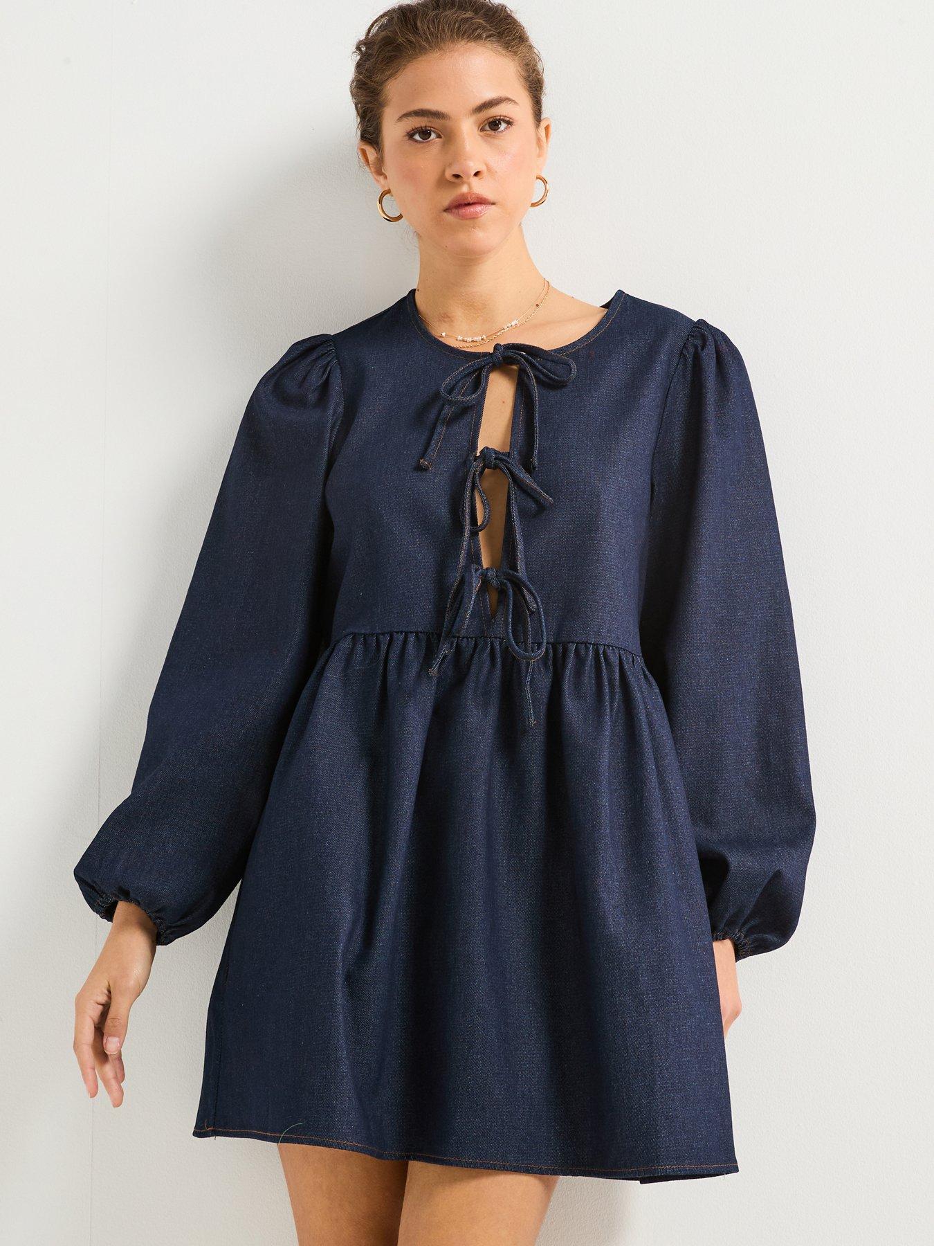 PIECES Asta Long Sleeve Front Tie Denim Dress Blue Very Ireland