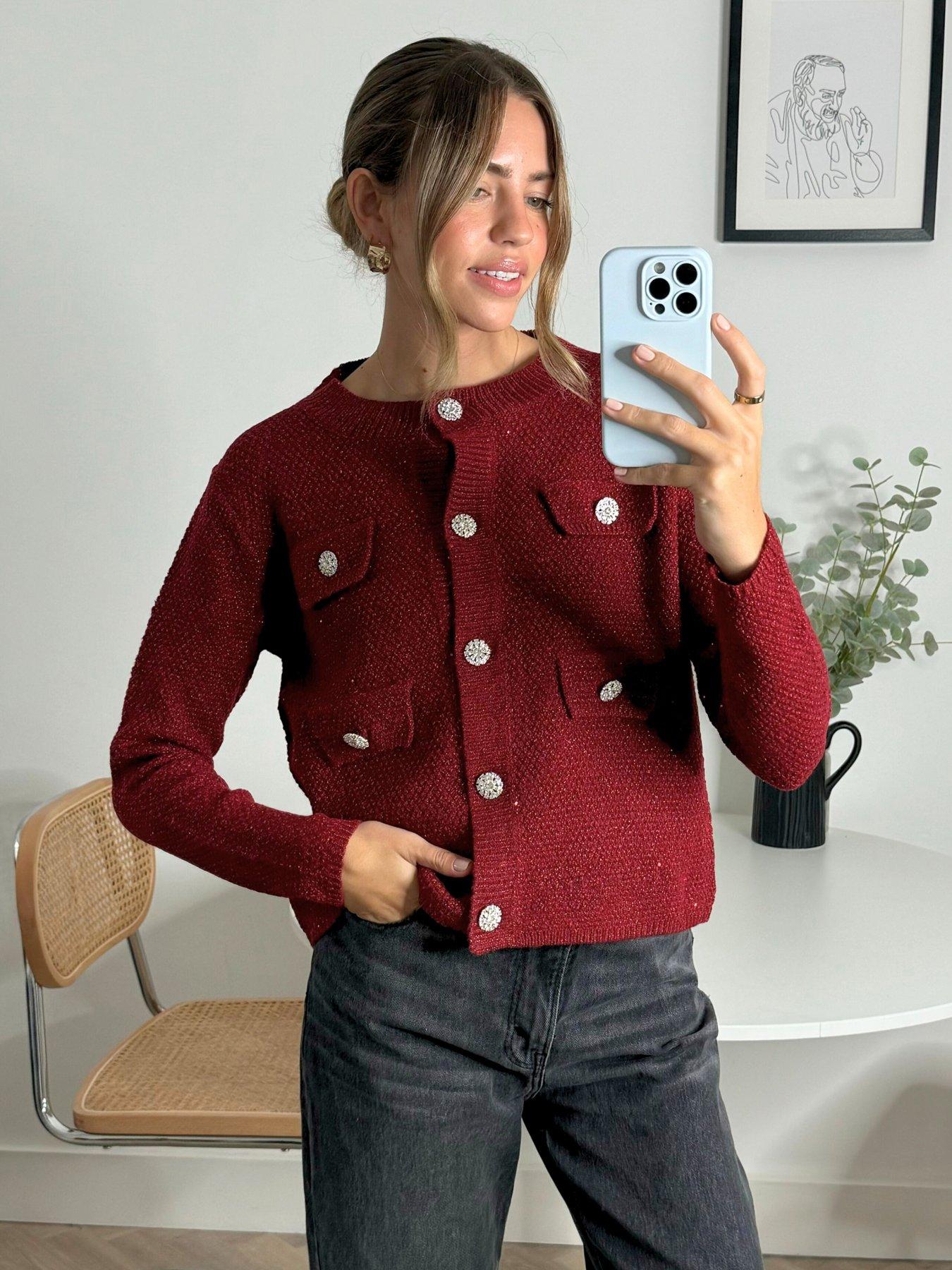 undefined Diamante Cardigan - Red