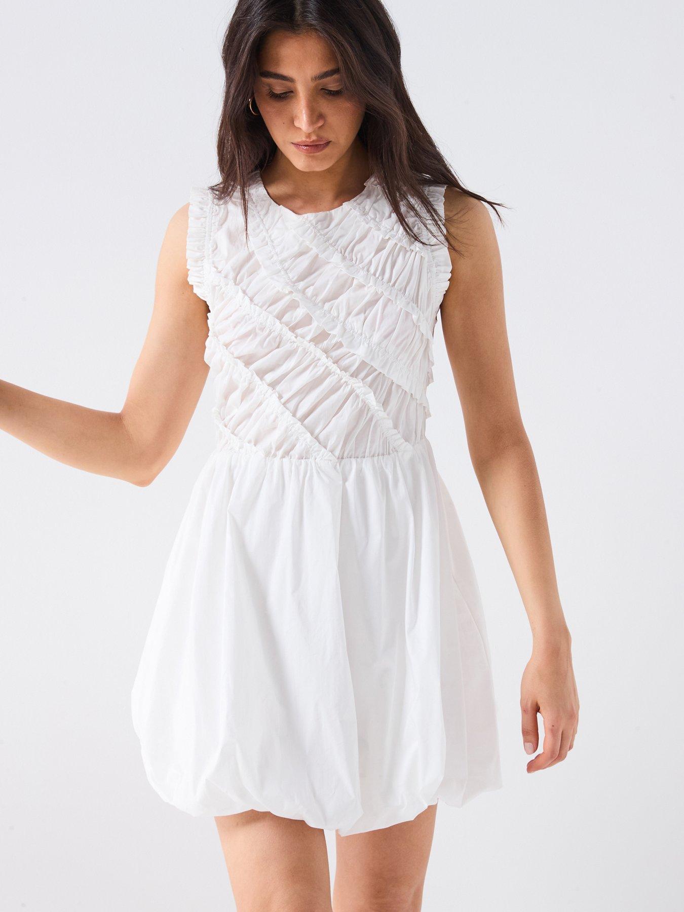 V by Very Shirred Bodice Puff Ball Mini Dress - White