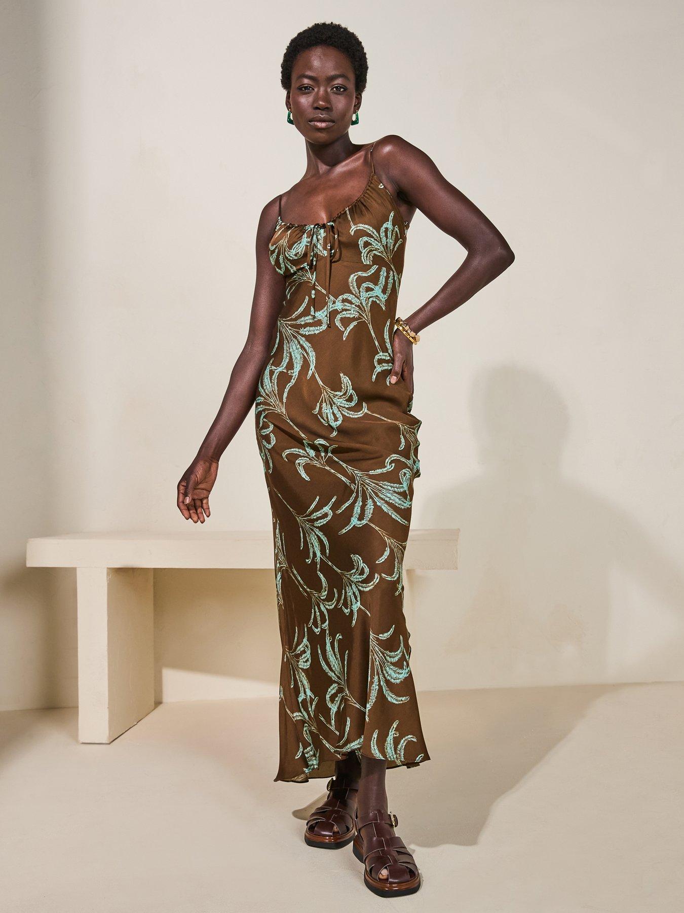 V by Very Printed Satin Cami Midaxi Dress - Brown