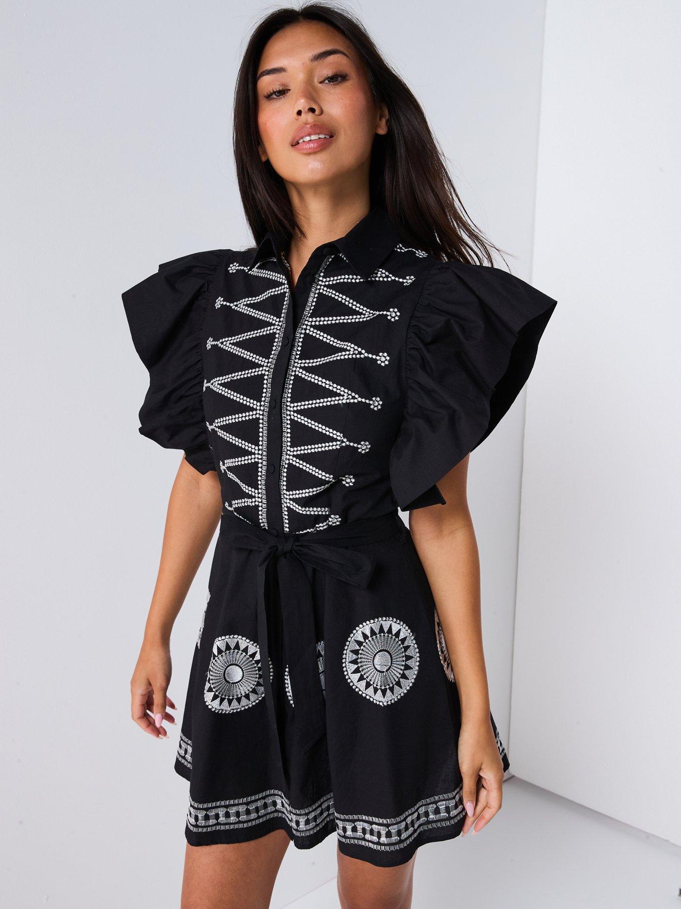 V by Very Sun Embroidered Mini Belted Dress - Black