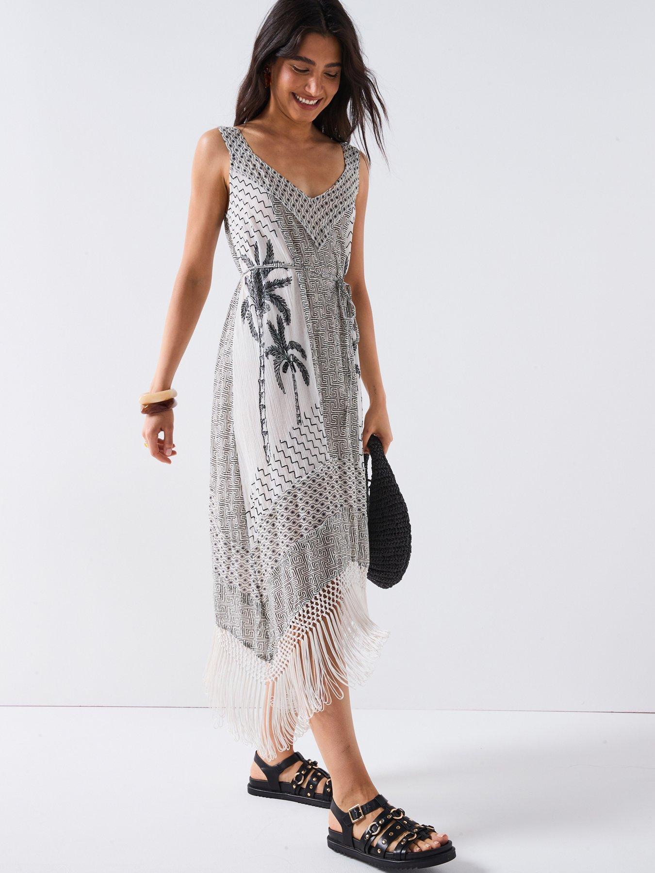 undefined Fringed Printed Mono Maxi Dress - Print