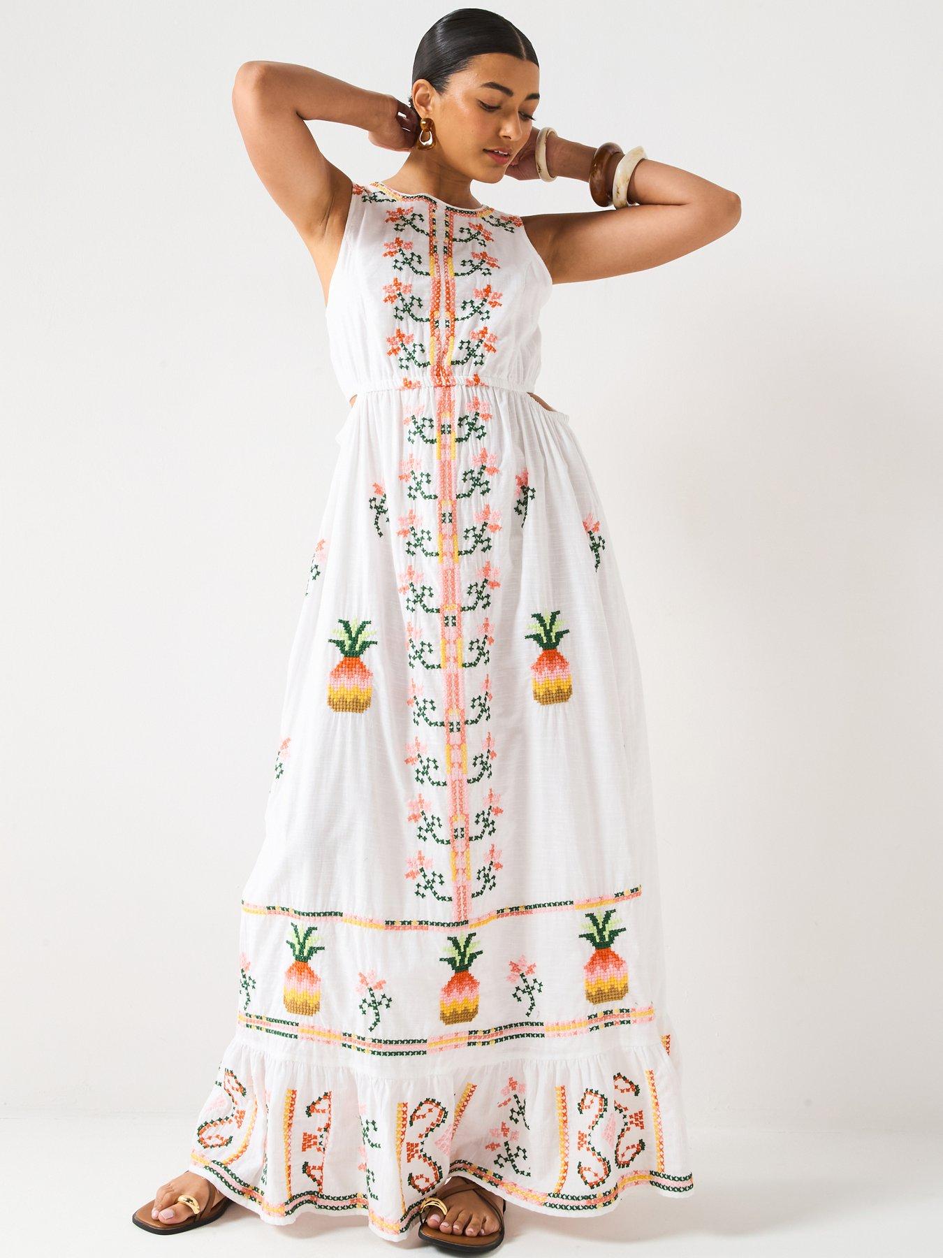 V by Very Pineapple Embroidered Maxi Dress - White