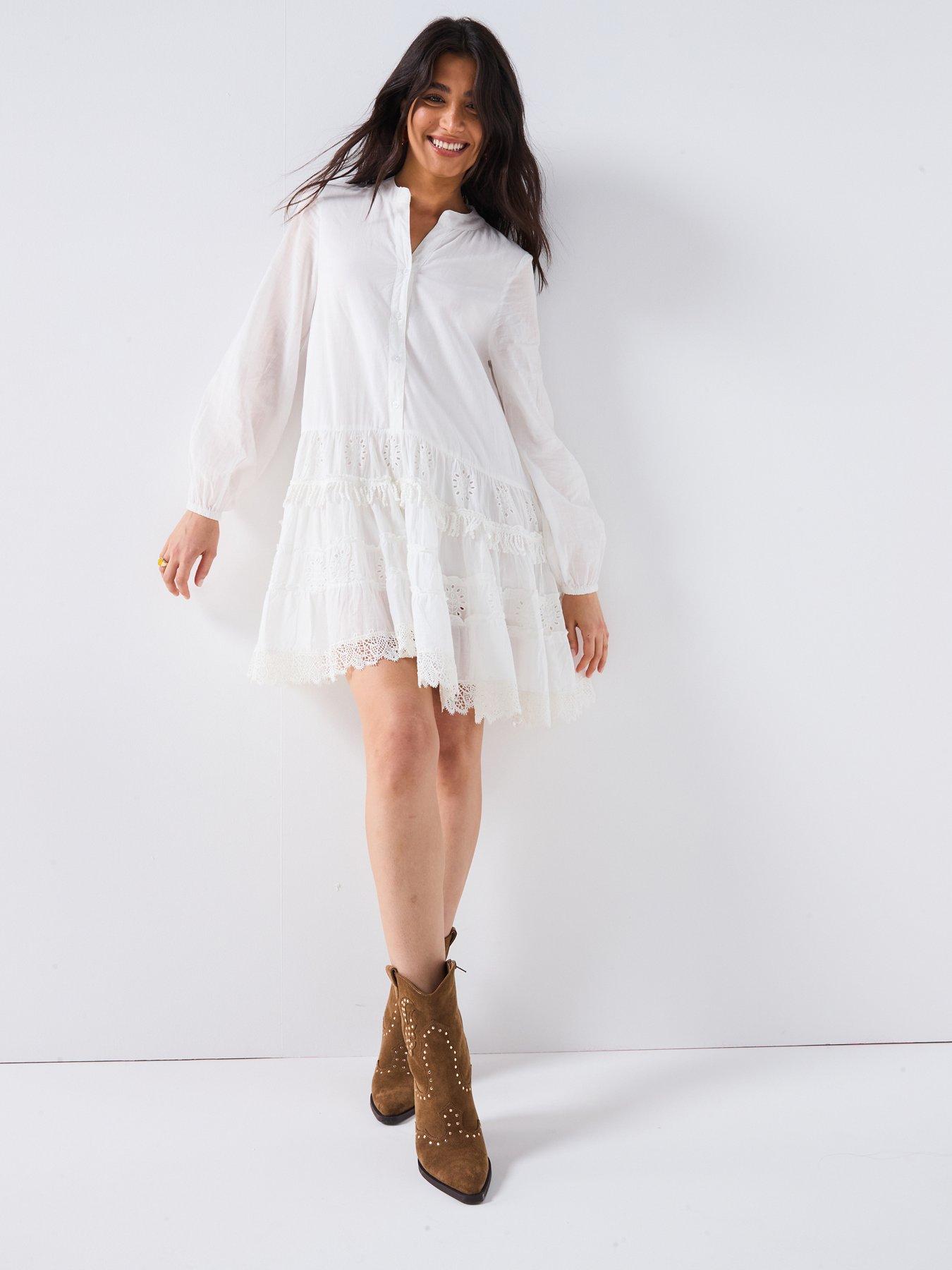 V by Very Fringed Broderie Detail Mini Dress - White