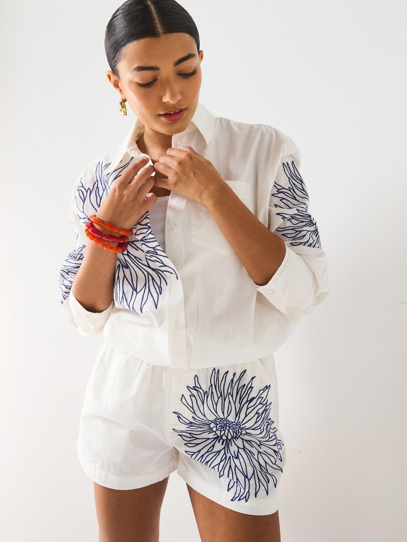 V by Very Placement Embroidered Playsuit - White
